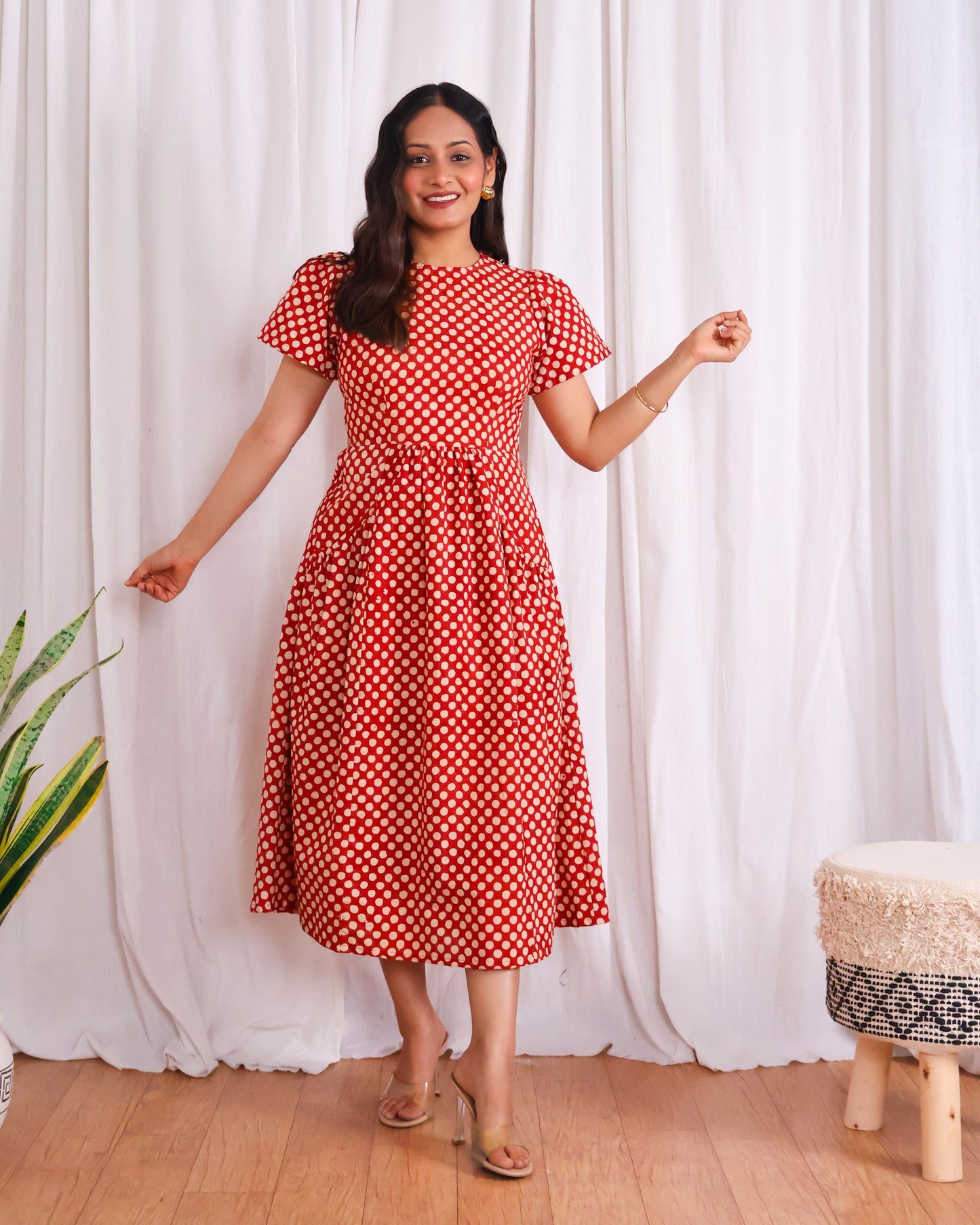 Sarah Red Polka Bagru HandBlock Print Midi Dress
