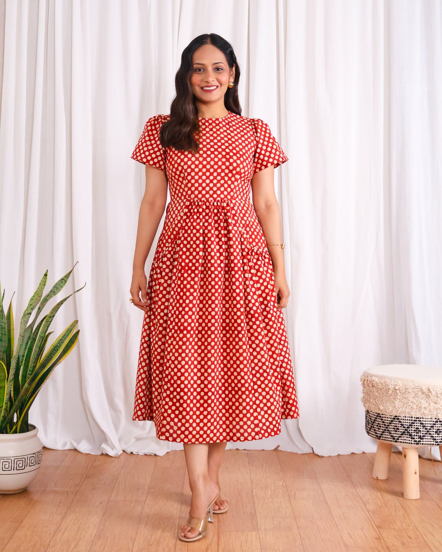 Sarah Red Polka Bagru HandBlock Print Midi Dress