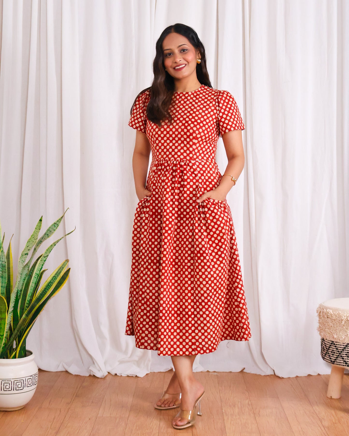 Sarah Red Polka Bagru HandBlock Print Midi Dress