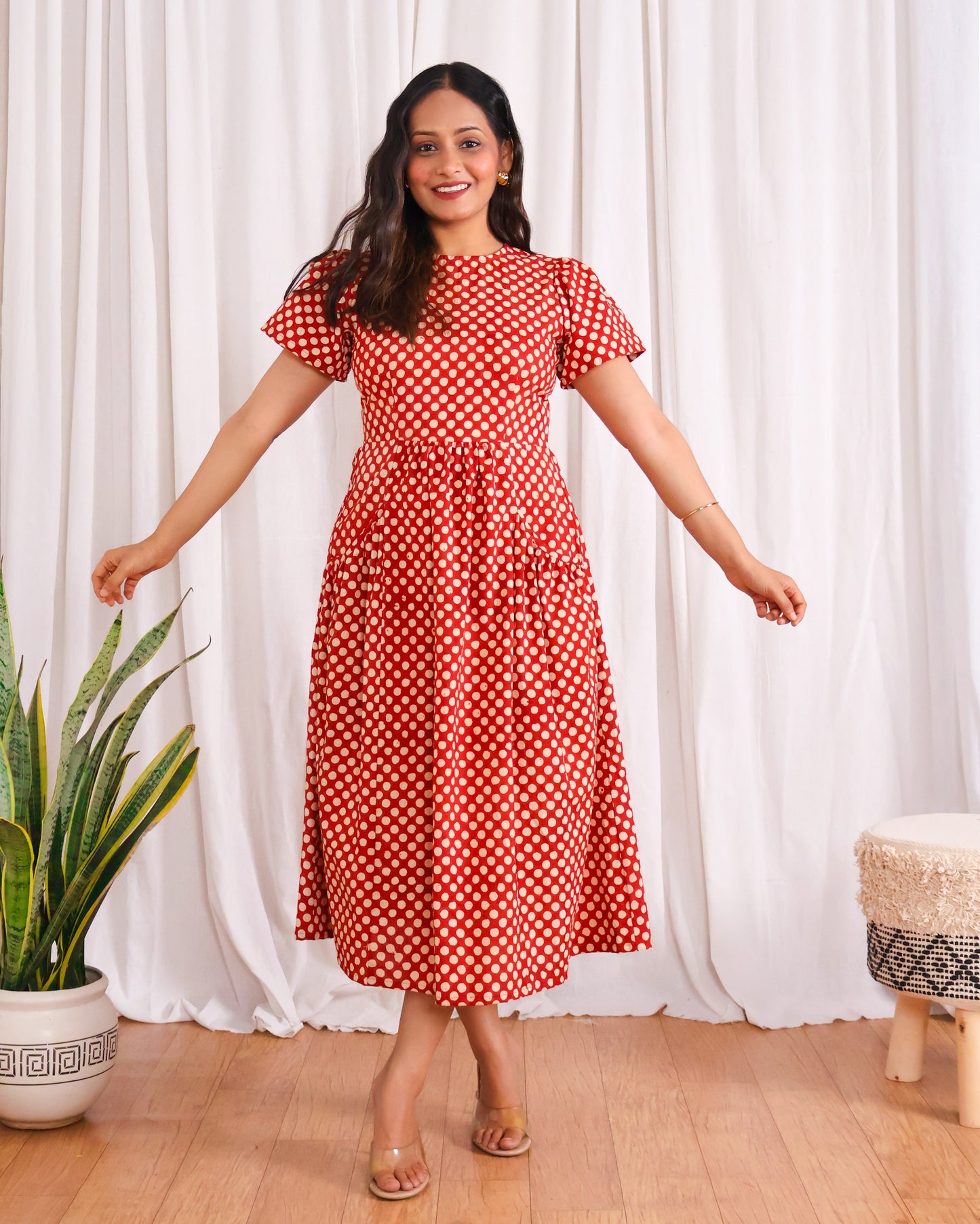 Sarah Red Polka Bagru HandBlock Print Midi Dress