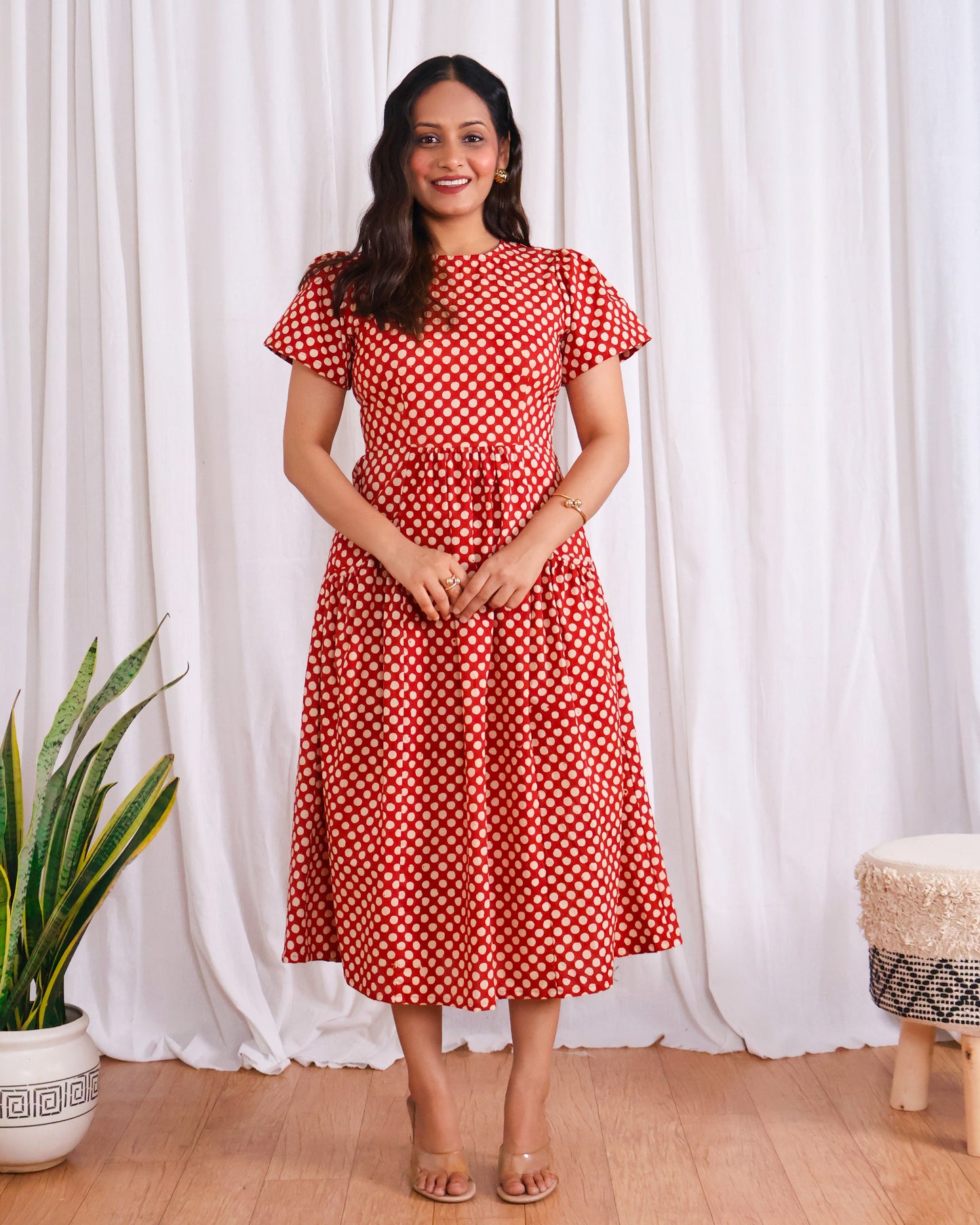 Sarah Red Polka Bagru HandBlock Print Midi Dress