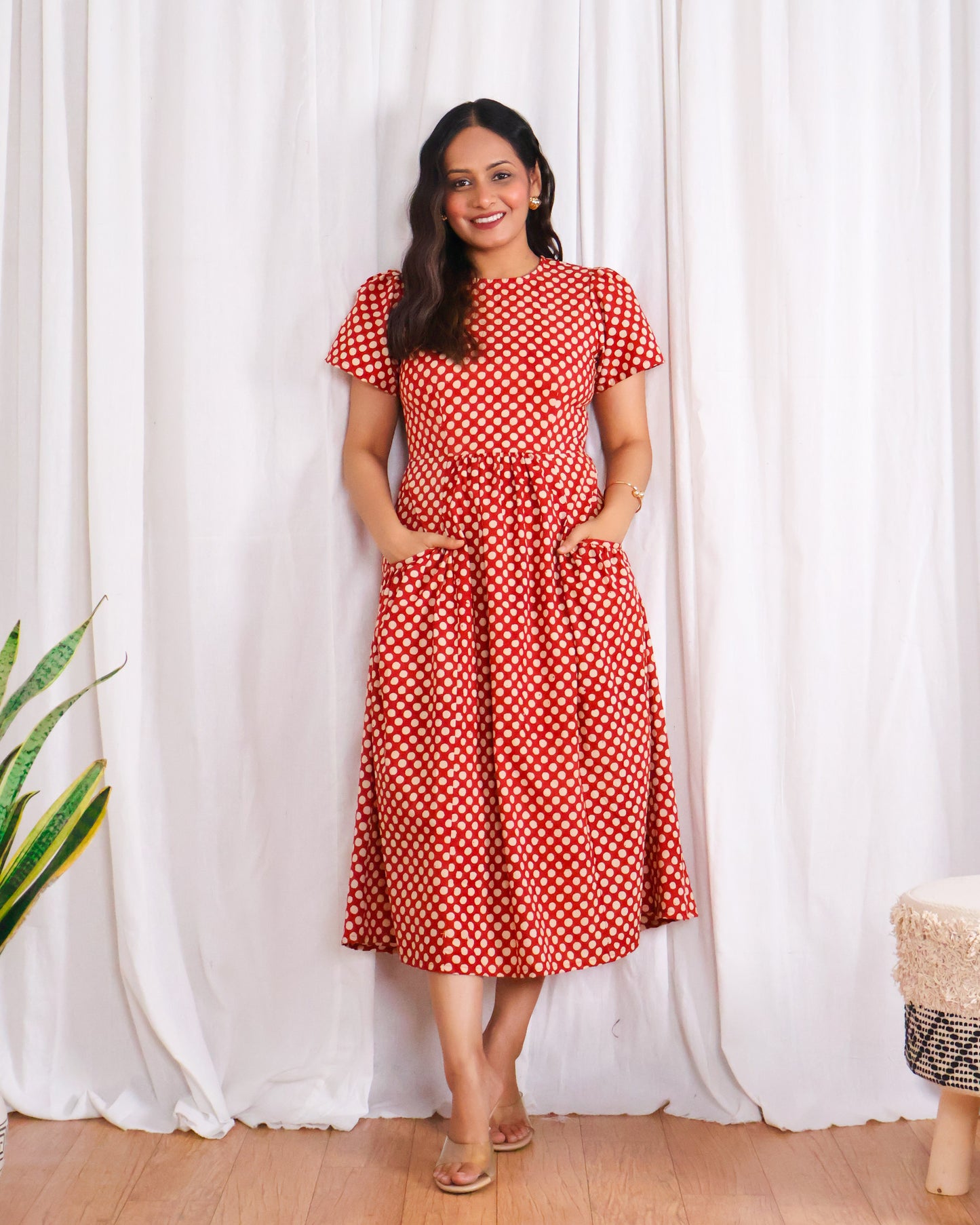 Sarah Red Polka Bagru HandBlock Print Midi Dress
