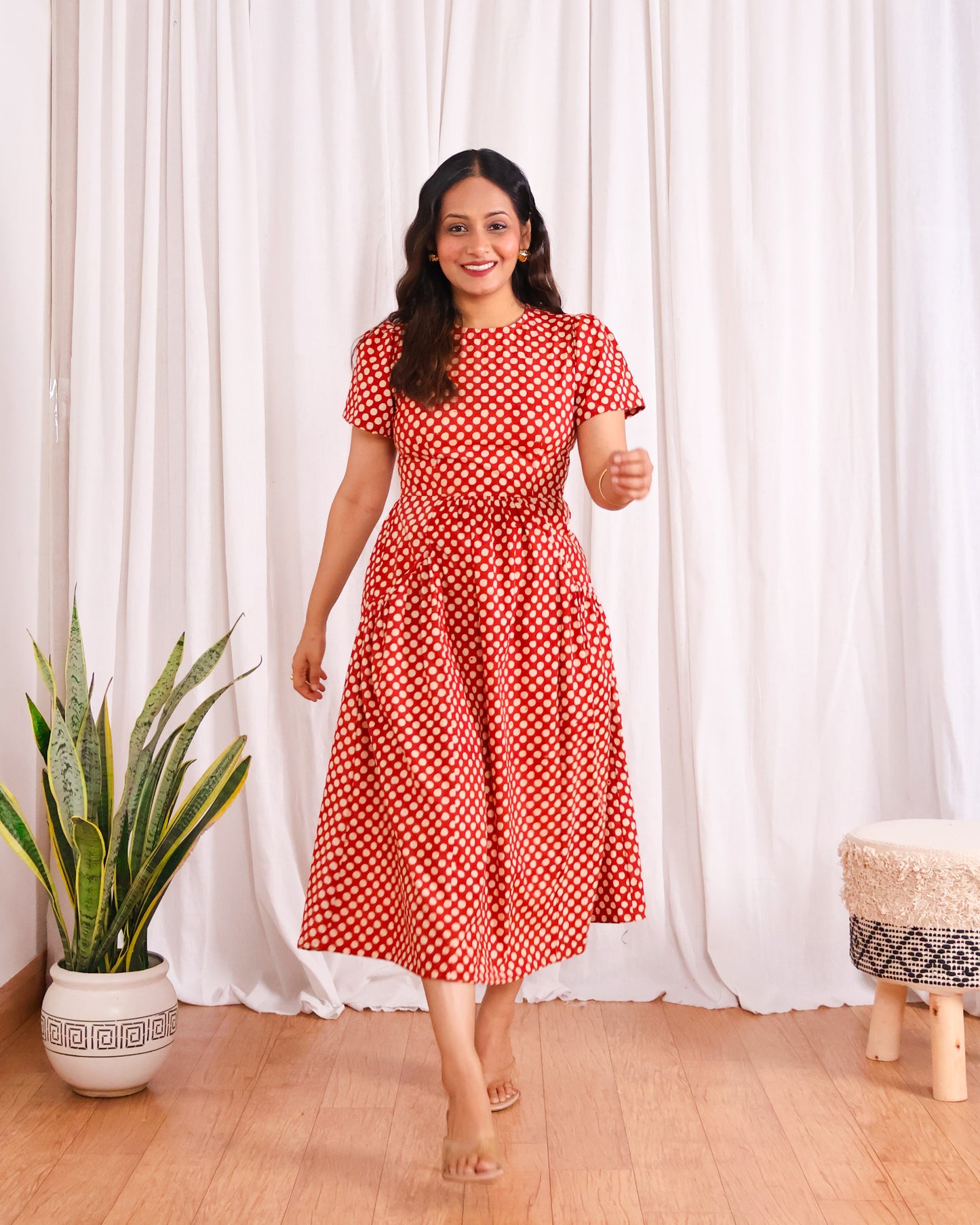 Sarah Red Polka Bagru HandBlock Print Midi Dress