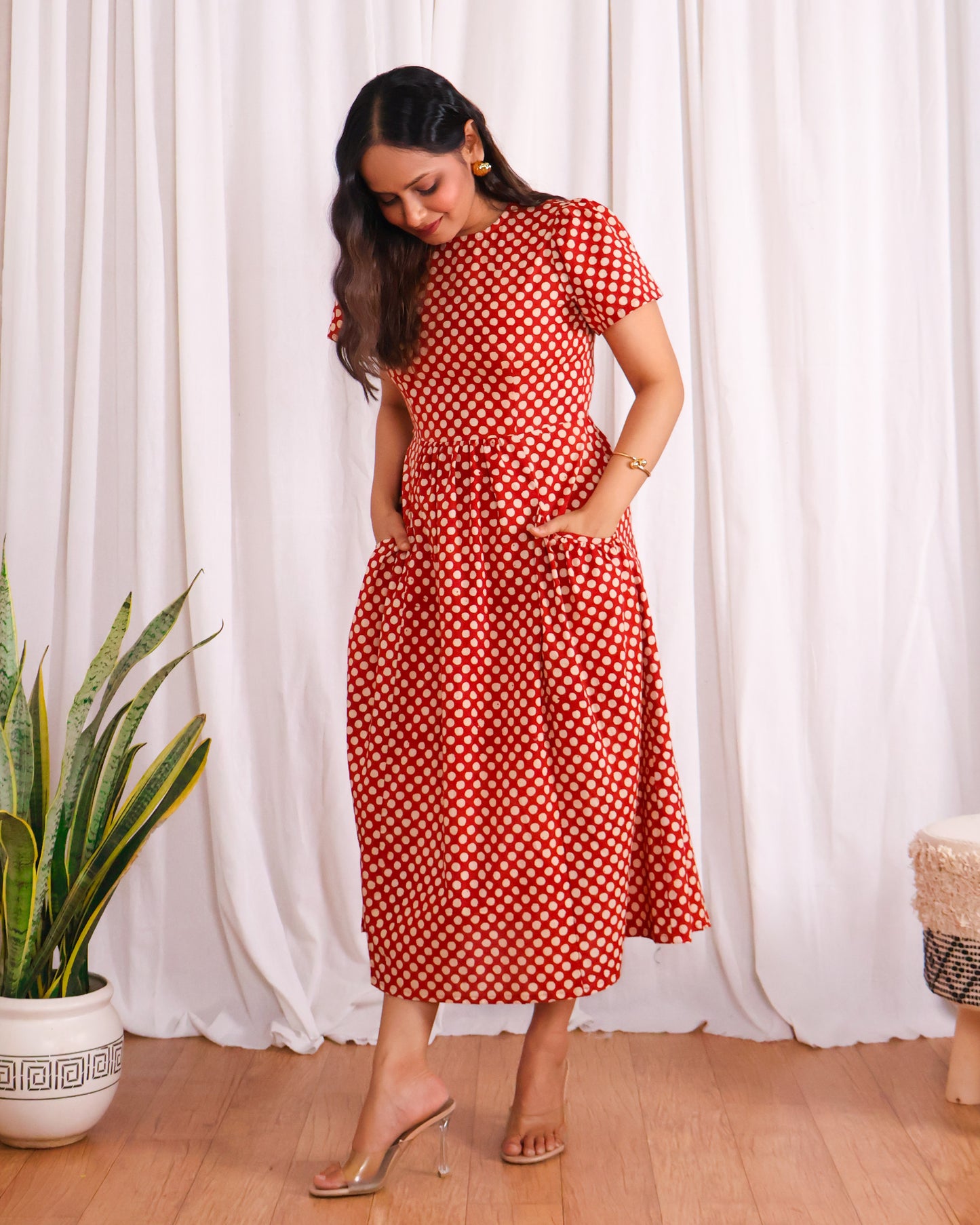 Sarah Red Polka Bagru HandBlock Print Midi Dress