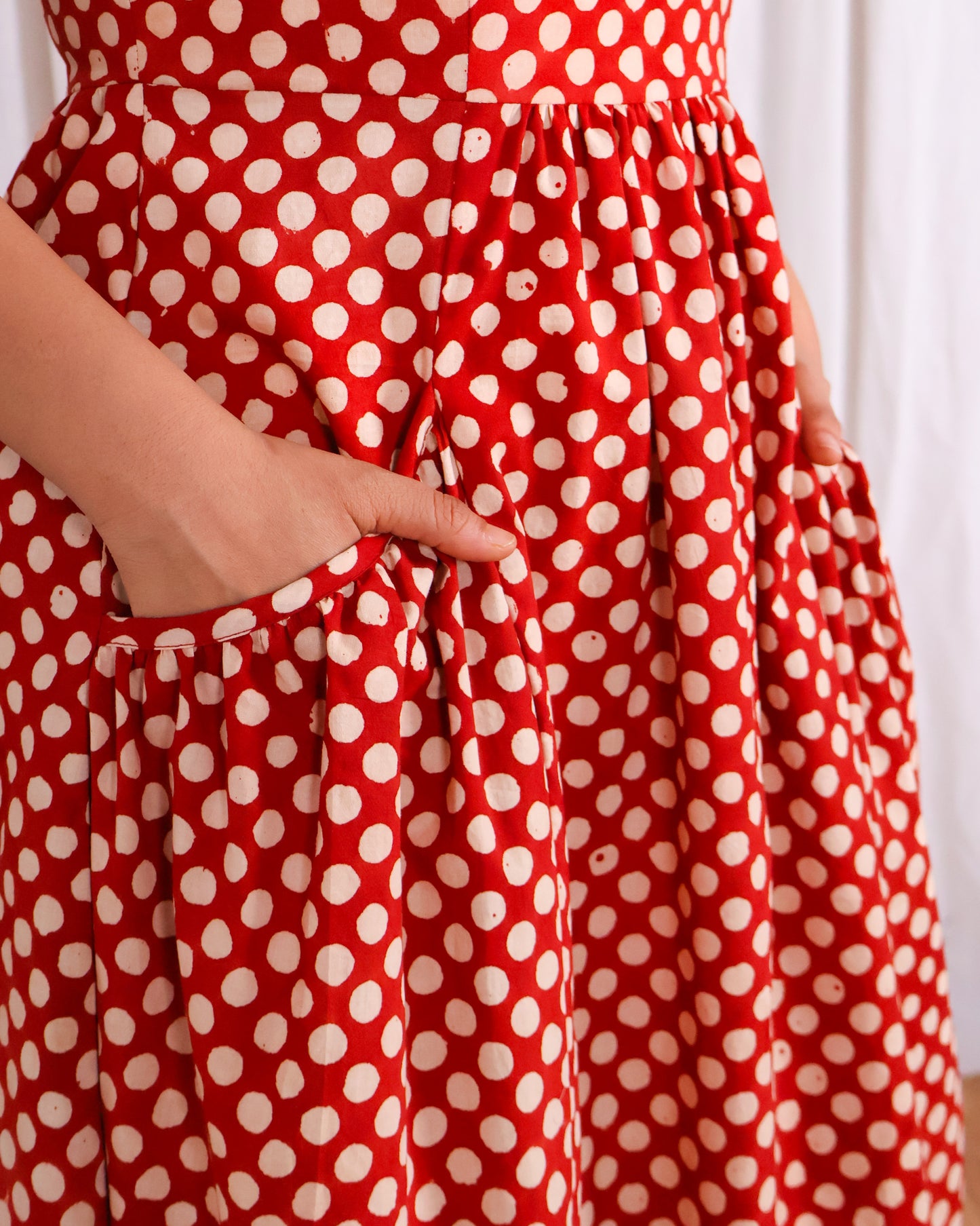 Sarah Red Polka Bagru HandBlock Print Midi Dress