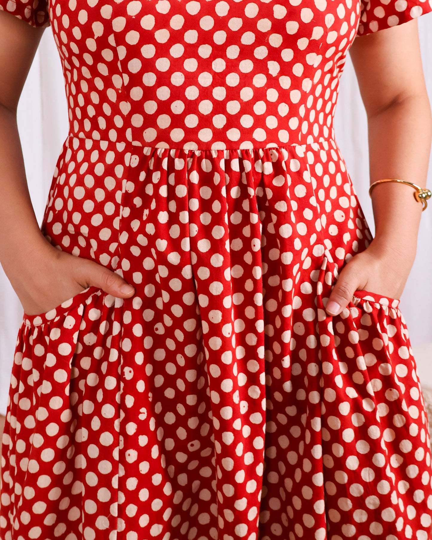 Sarah Red Polka Bagru HandBlock Print Midi Dress