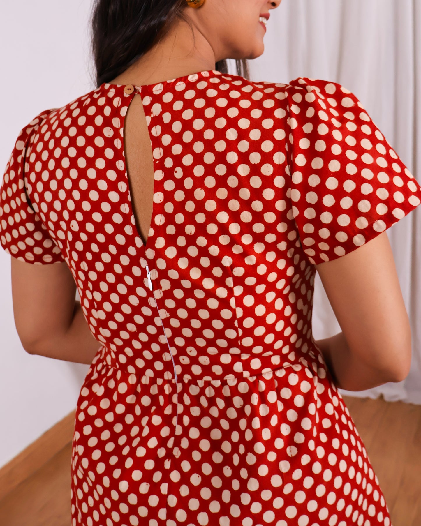 Sarah Red Polka Bagru HandBlock Print Midi Dress