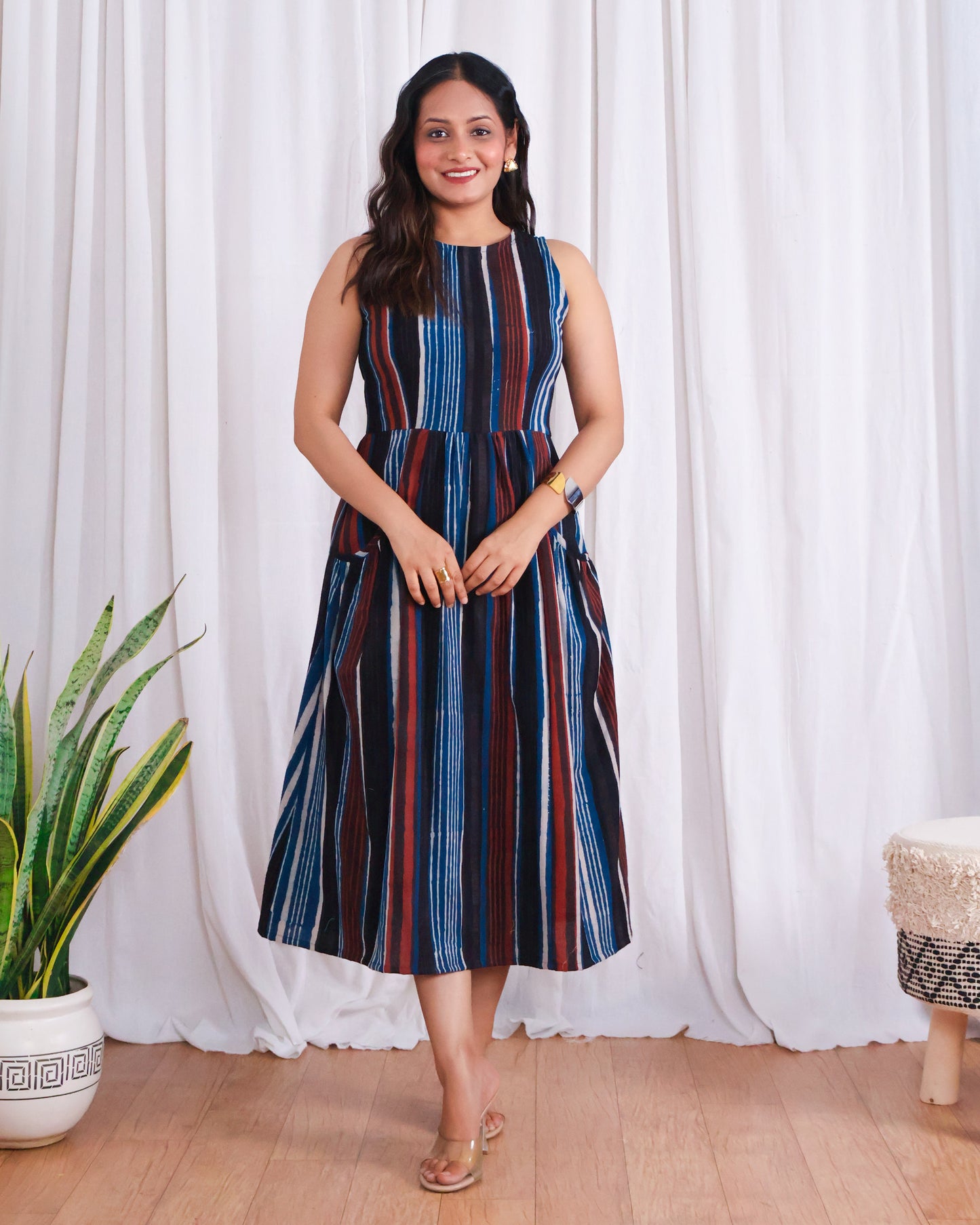 Megan Striped Jahota HandBlock Print Midi Dress
