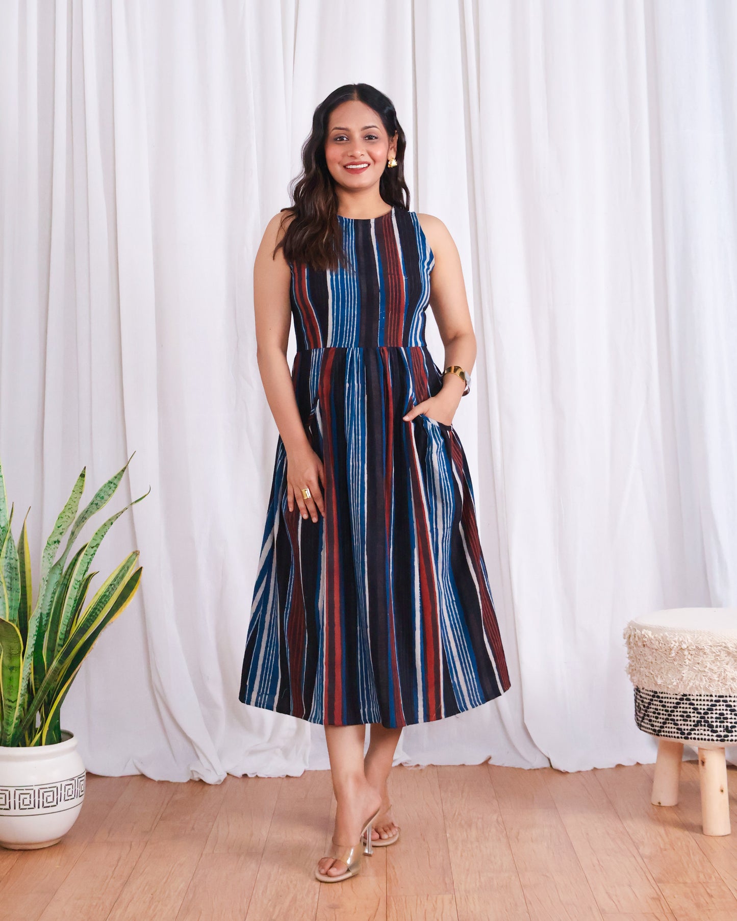 Megan Striped Jahota HandBlock Print Midi Dress