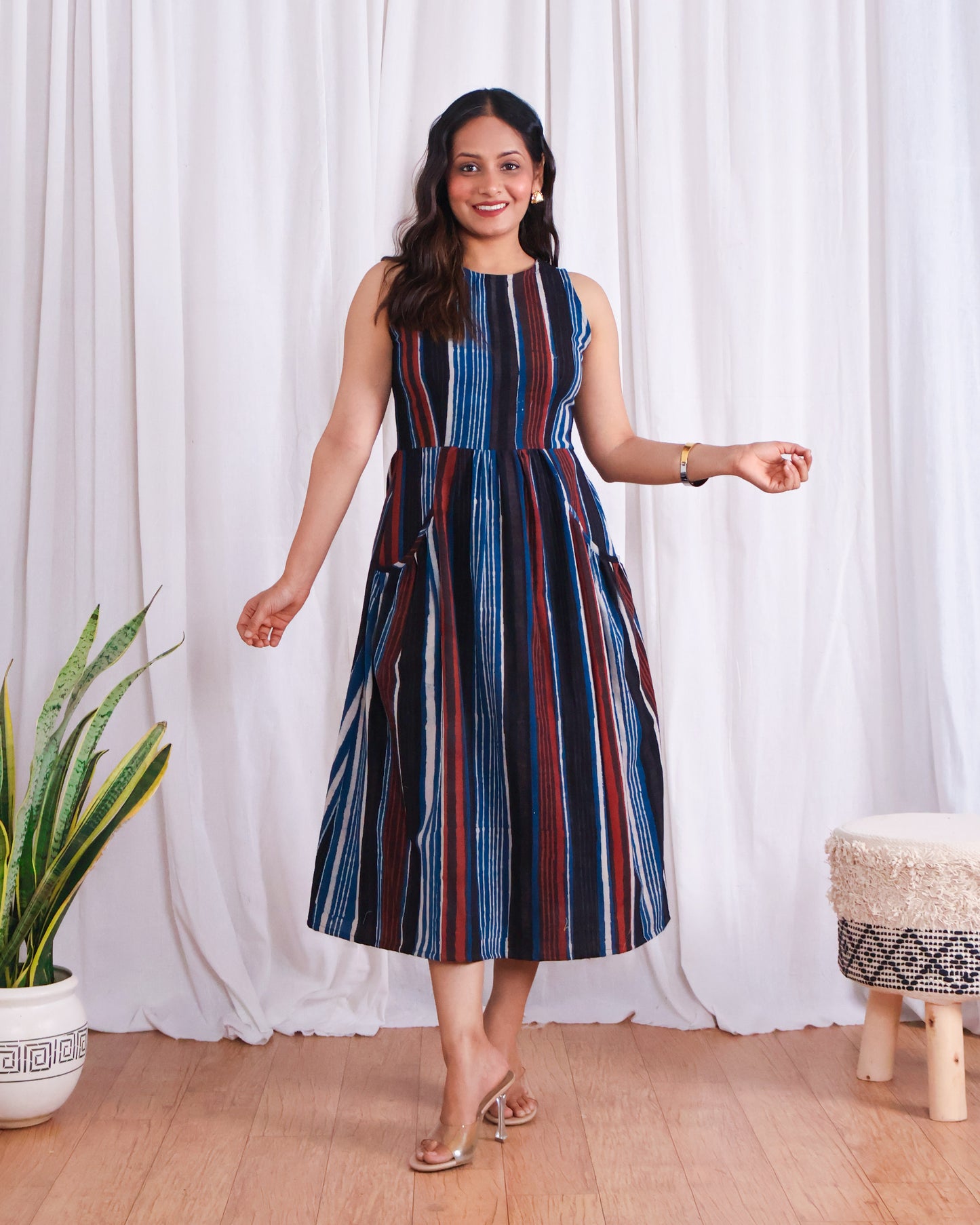 Megan Striped Jahota HandBlock Print Midi Dress