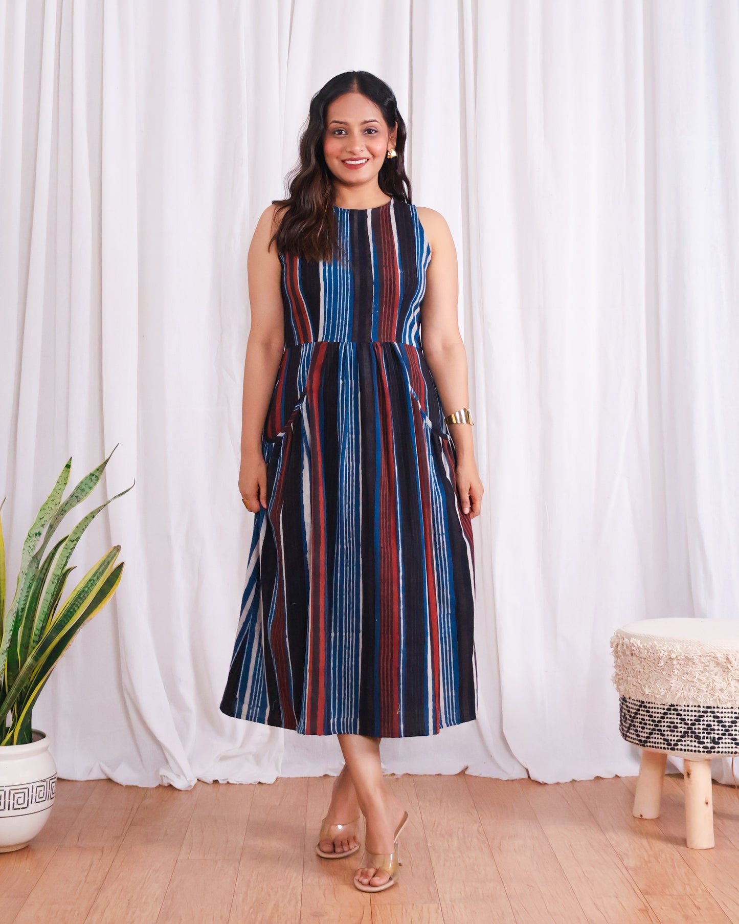 Megan Striped Jahota HandBlock Print Midi Dress