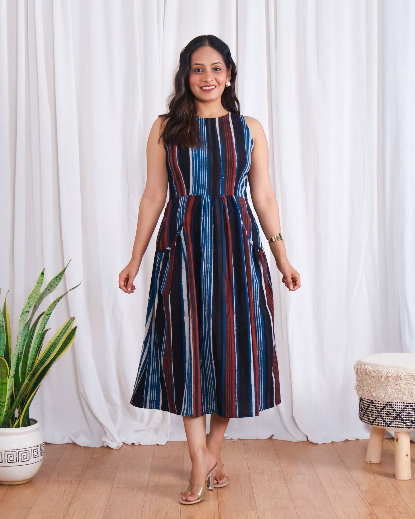 Megan Striped Jahota HandBlock Print Midi Dress