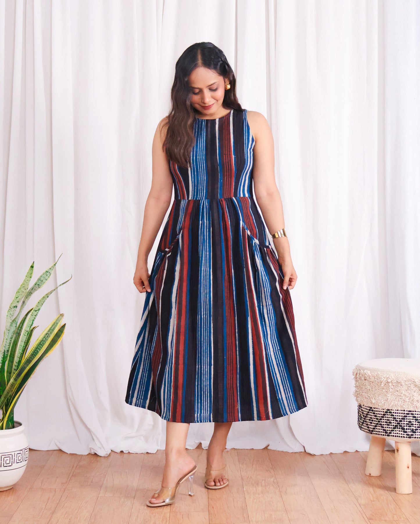 Megan Striped Jahota HandBlock Print Midi Dress