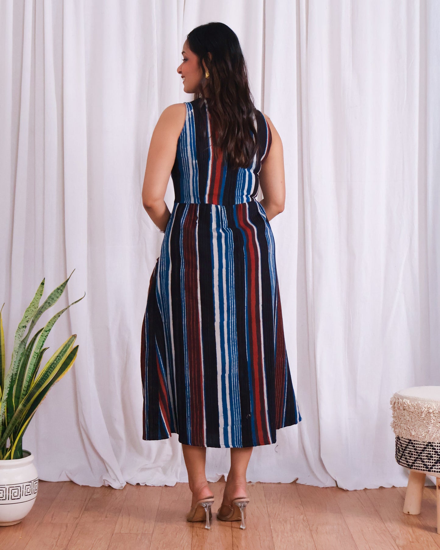 Megan Striped Jahota HandBlock Print Midi Dress
