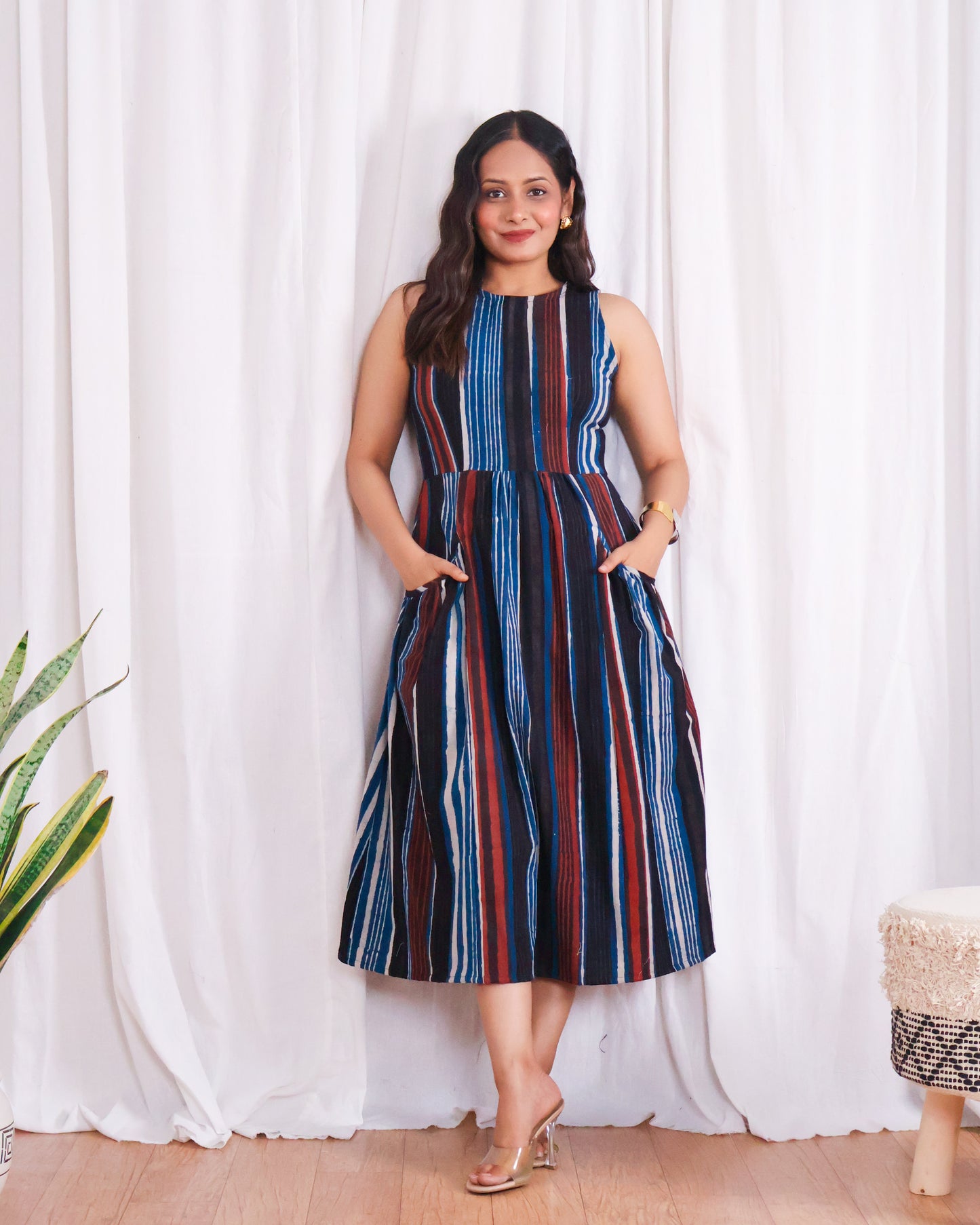 Megan Striped Jahota HandBlock Print Midi Dress