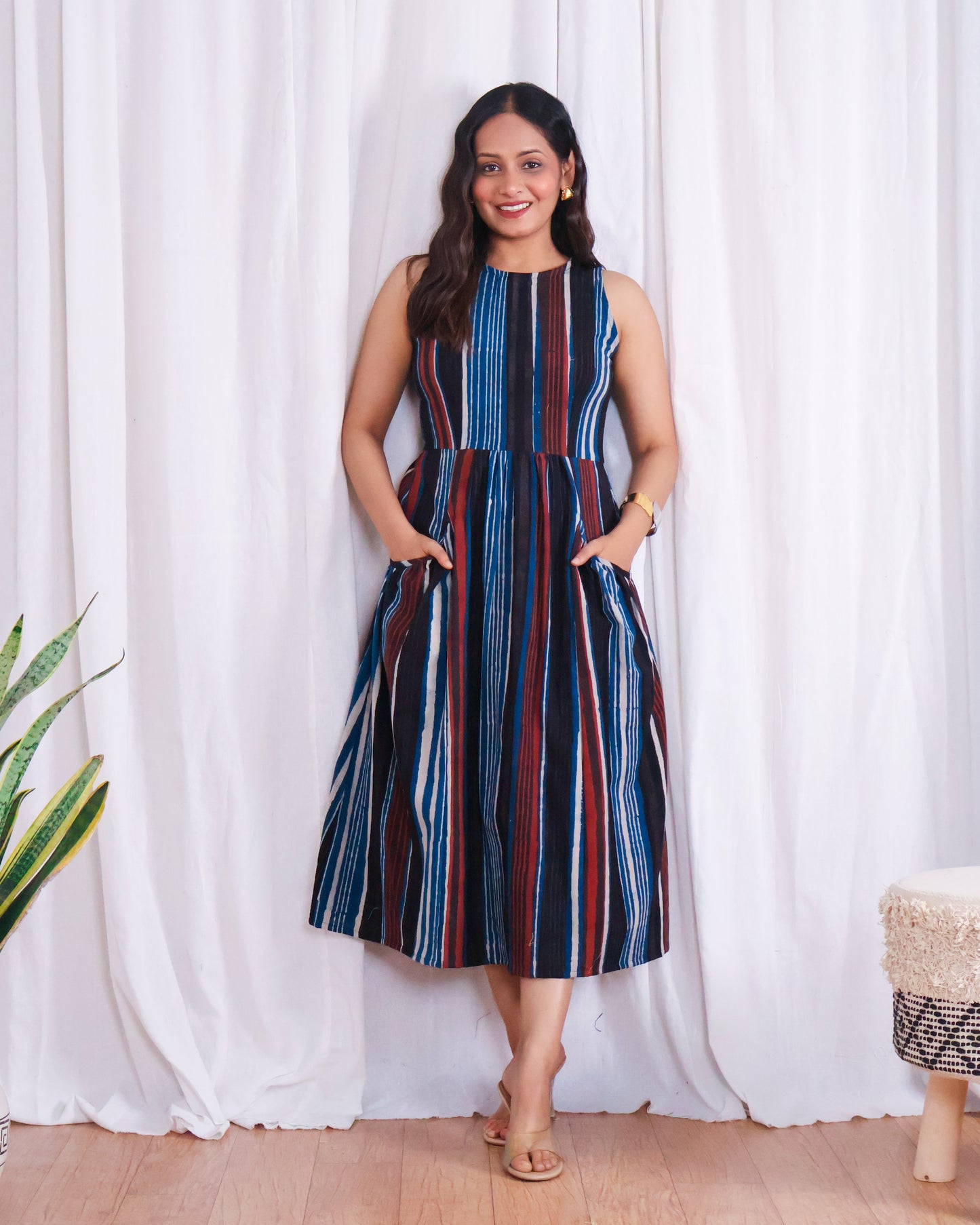 Megan Striped Jahota HandBlock Print Midi Dress