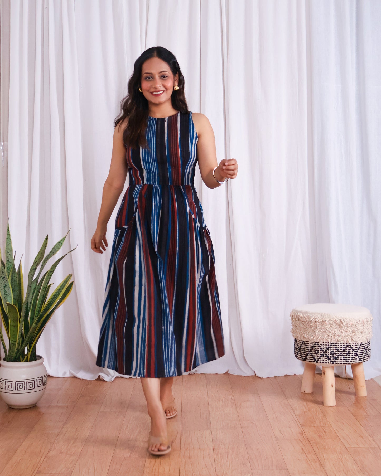 Megan Striped Jahota HandBlock Print Midi Dress