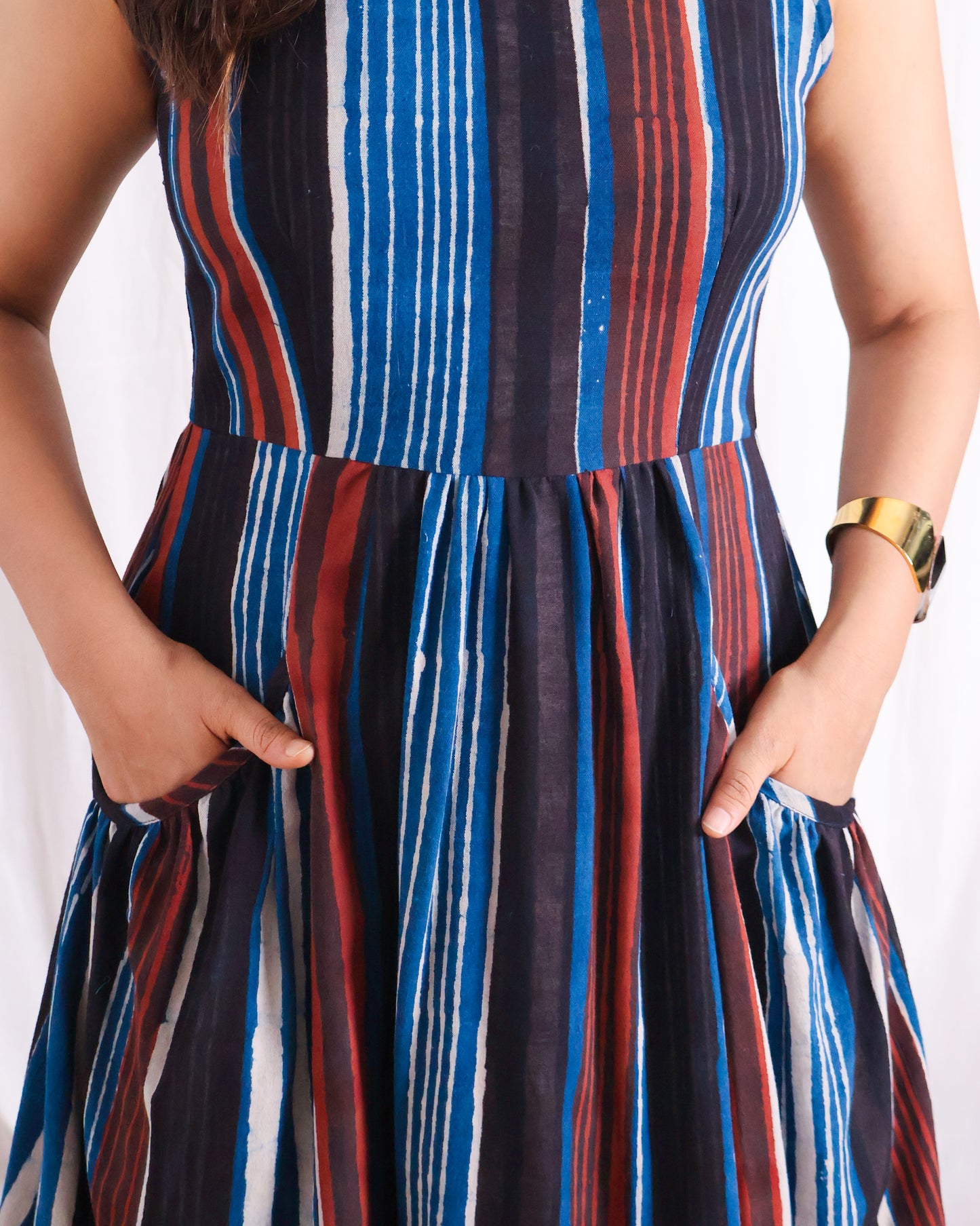 Megan Striped Jahota HandBlock Print Midi Dress