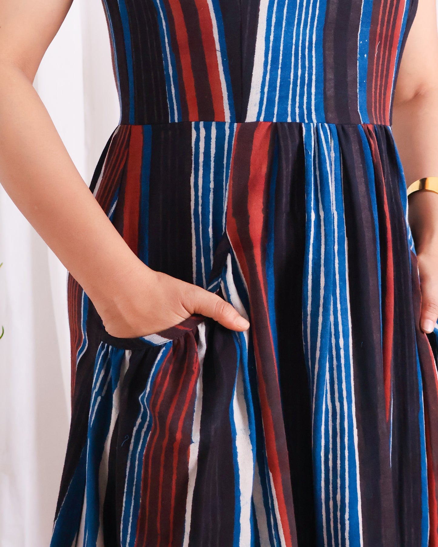 Megan Striped Jahota HandBlock Print Midi Dress