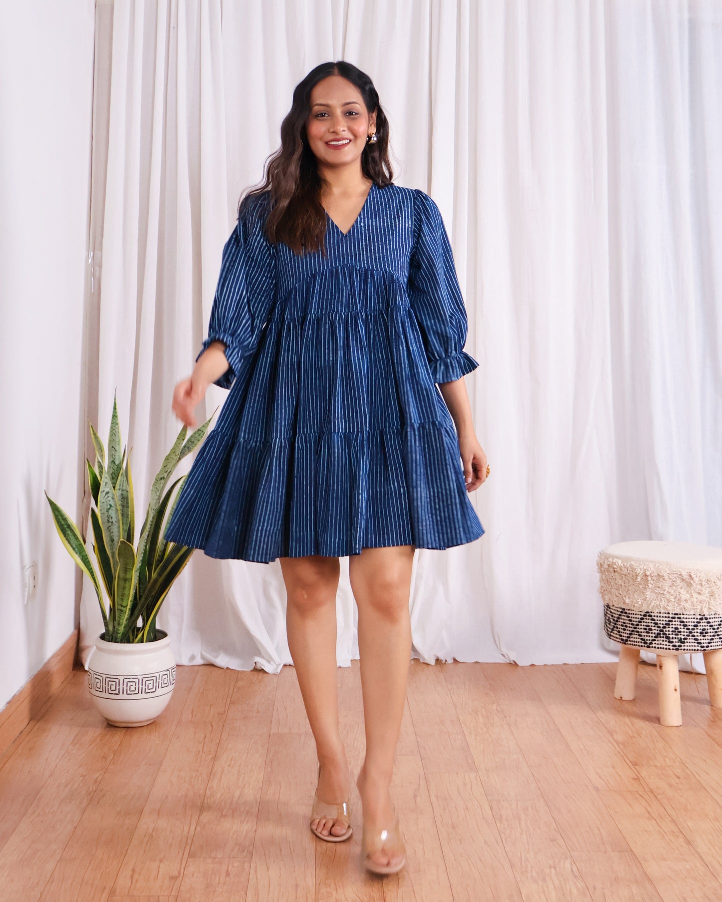 Kira Indigo Dabu HandBlock Print Tiered Short Dress