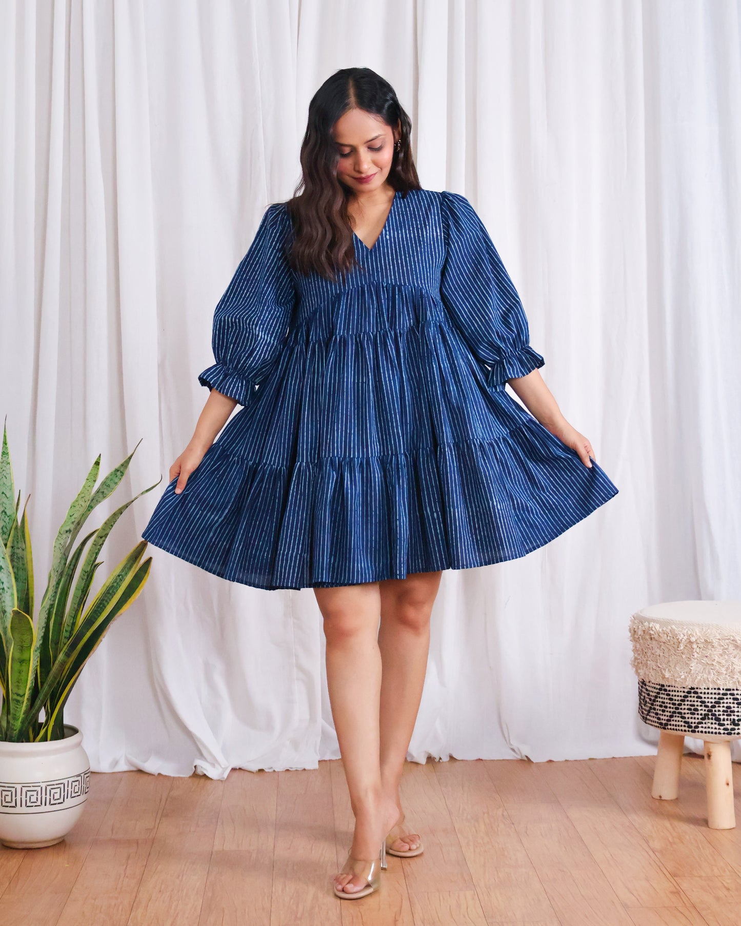 Kira Indigo Dabu HandBlock Print Tiered Short Dress