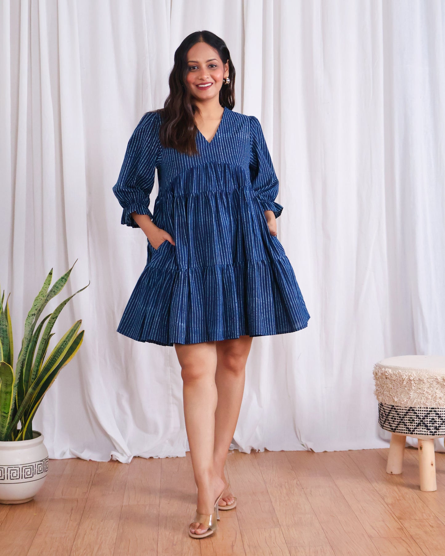 Kira Indigo Dabu HandBlock Print Tiered Short Dress