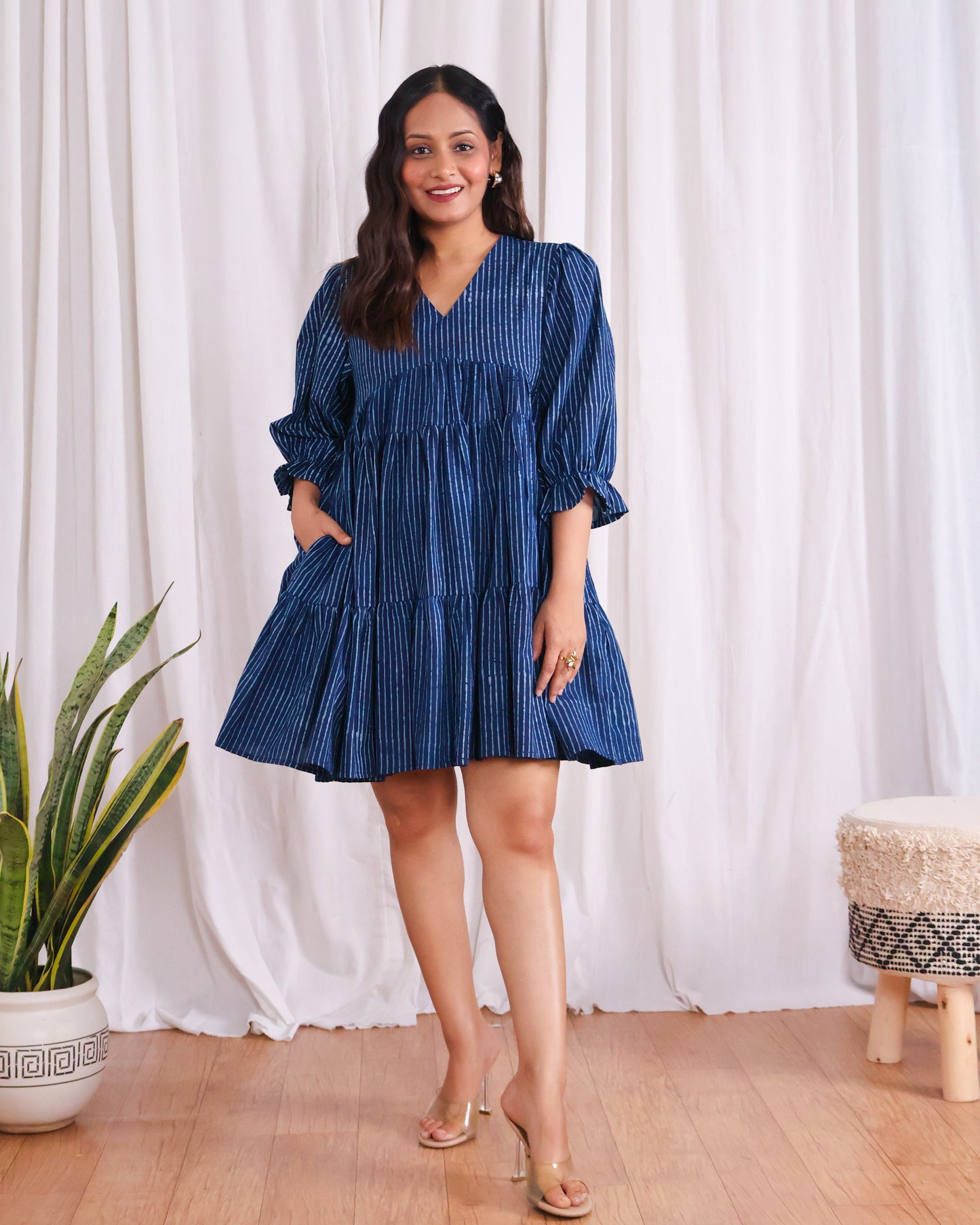 Kira Indigo Dabu HandBlock Print Tiered Short Dress