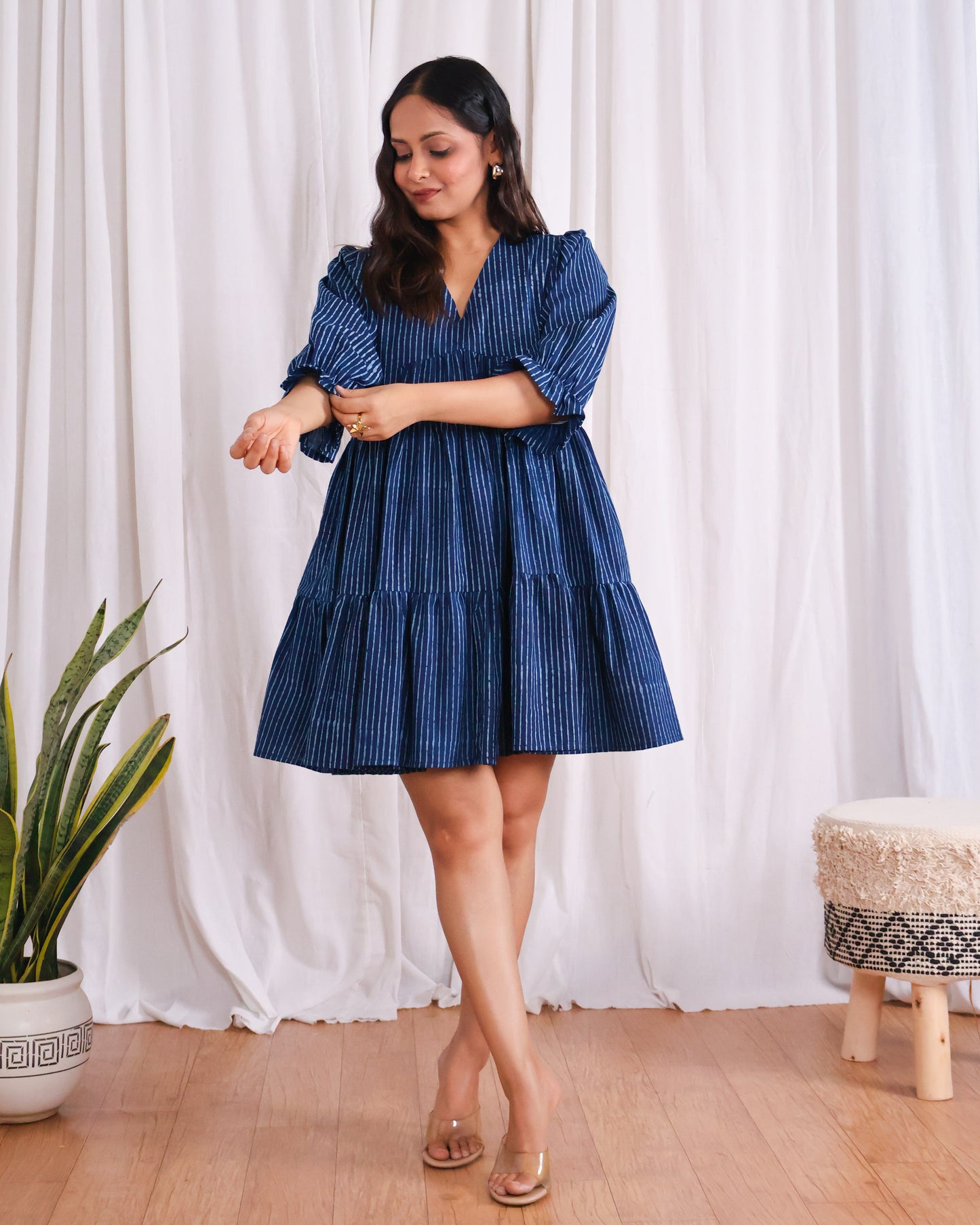Kira Indigo Dabu HandBlock Print Tiered Short Dress