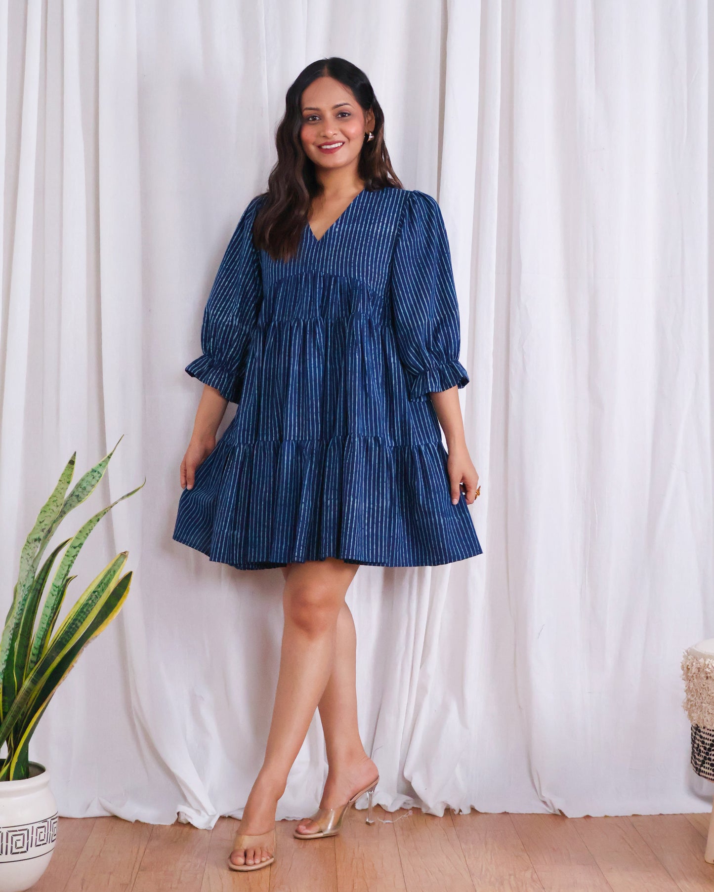 Kira Indigo Dabu HandBlock Print Tiered Short Dress