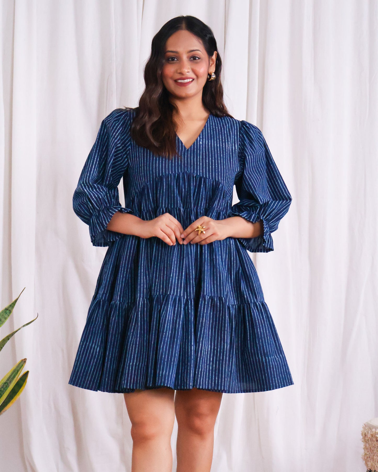 Kira Indigo Dabu HandBlock Print Tiered Short Dress