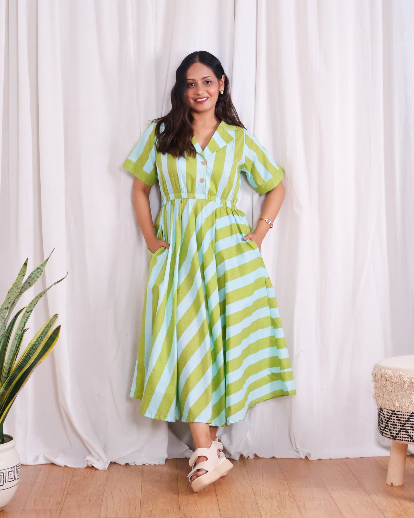 Taylor Green Blue Stripes Print Circular Cotton Midi Dress