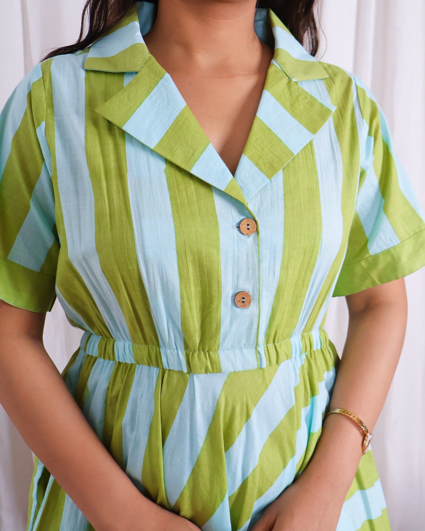 Taylor Green Blue Stripes Print Circular Cotton Midi Dress