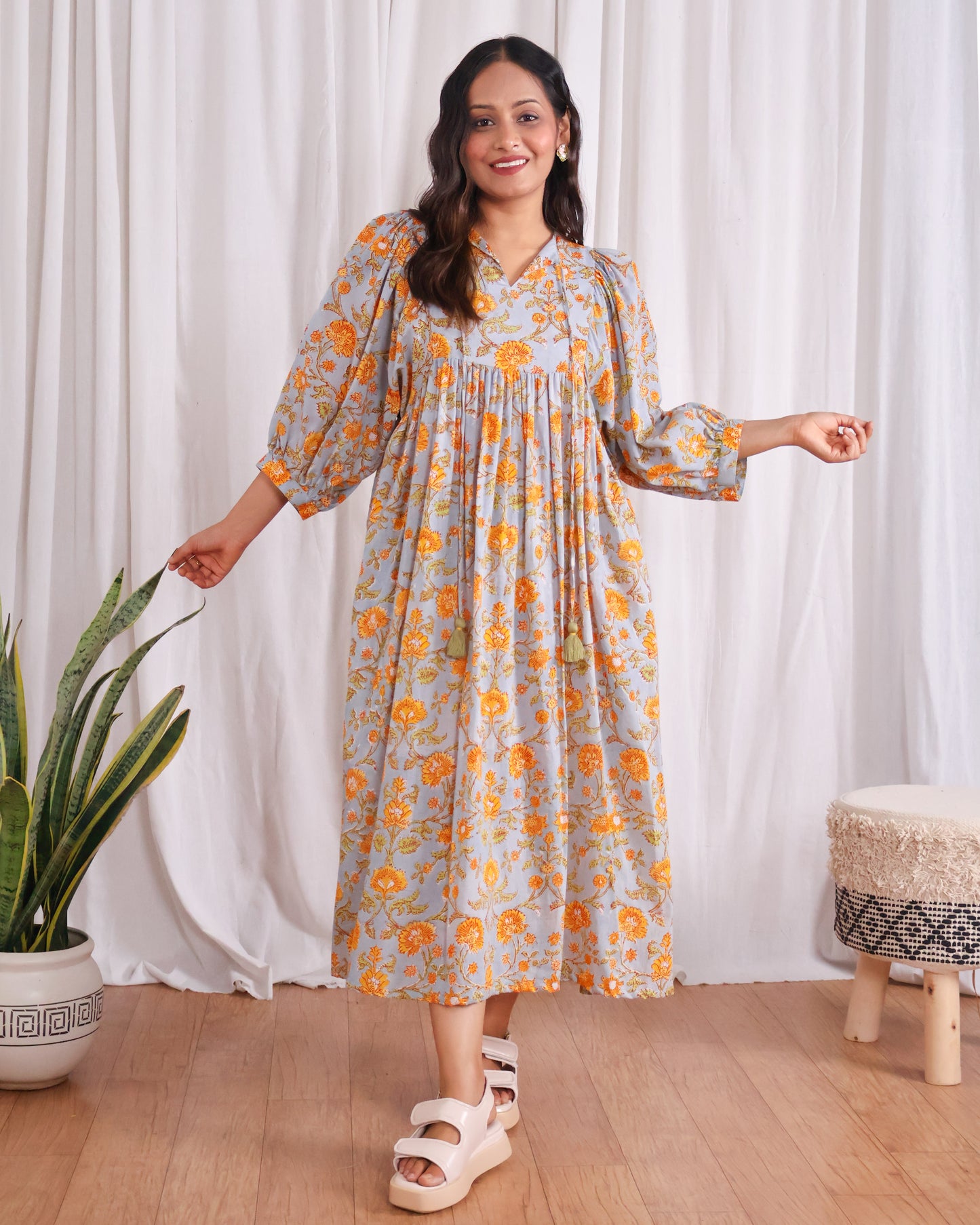 Rachel Mul Cotton HandBlock Print Midi Dress