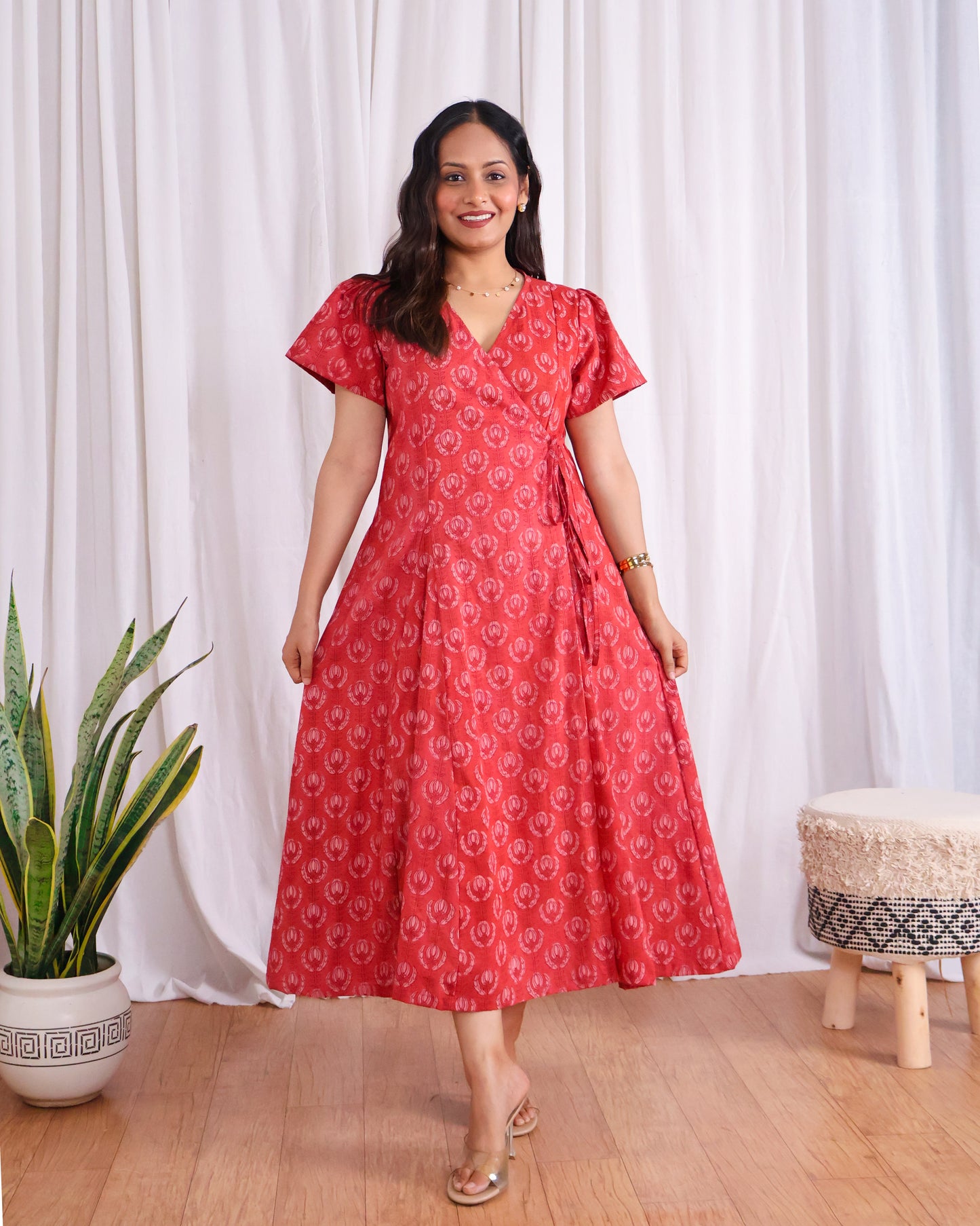 Eleanor Red Handblock Print Wrap Dress