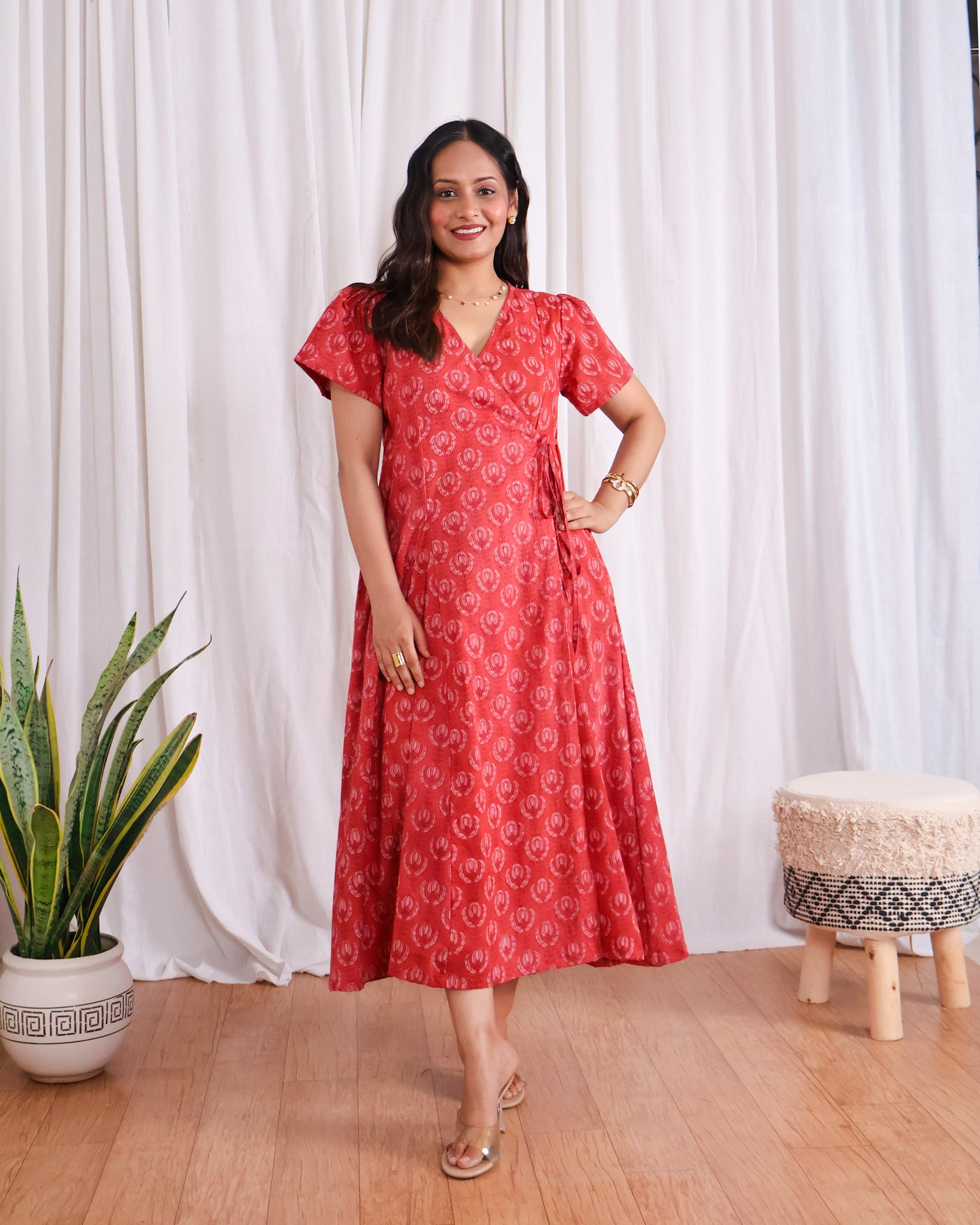 Eleanor Red Handblock Print Wrap Dress