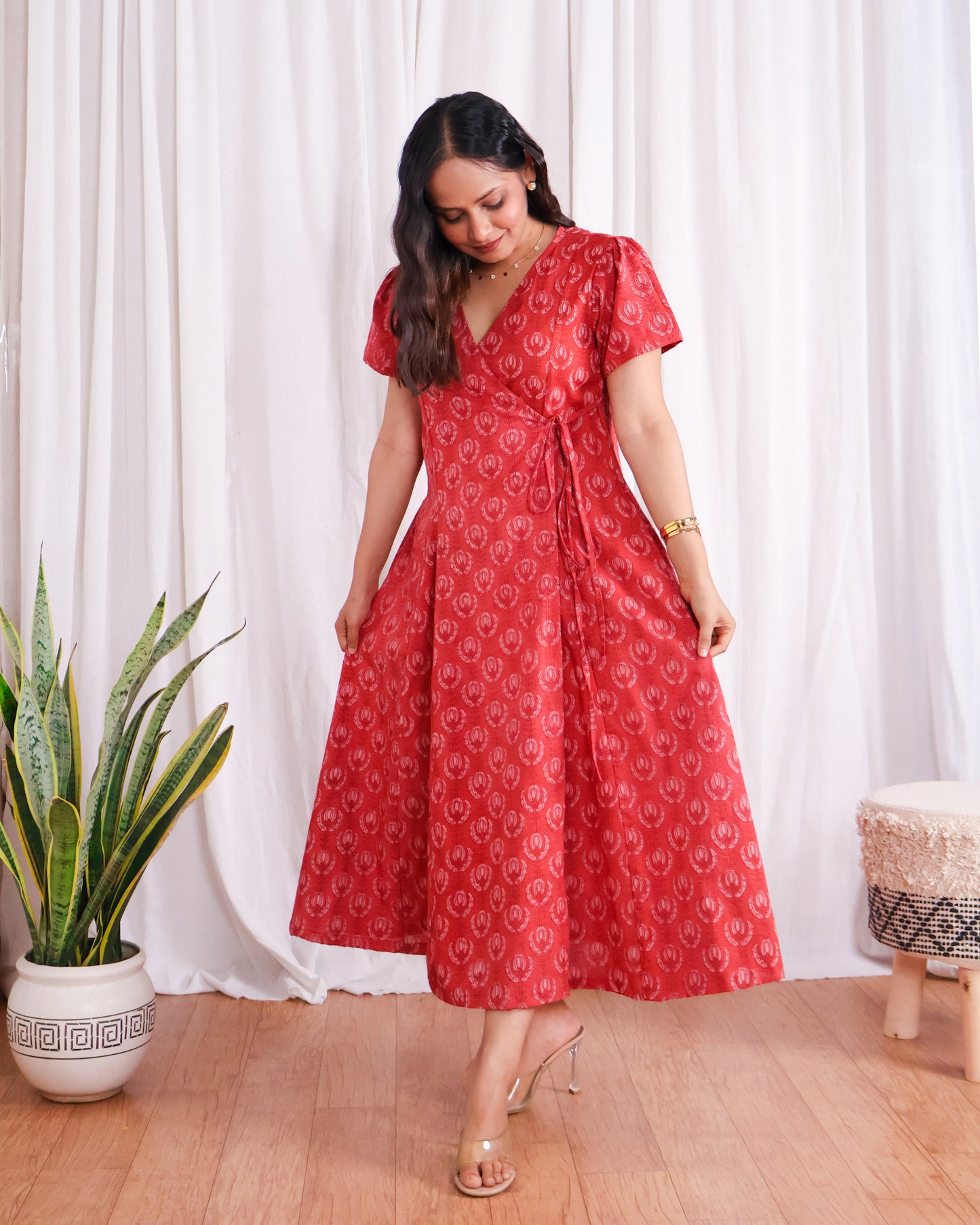Eleanor Red Handblock Print Wrap Dress
