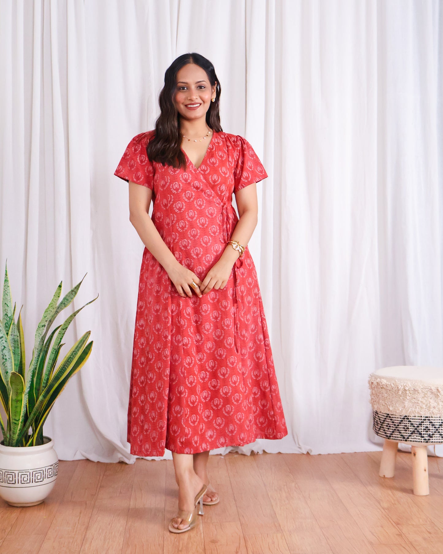 Eleanor Red Handblock Print Wrap Dress