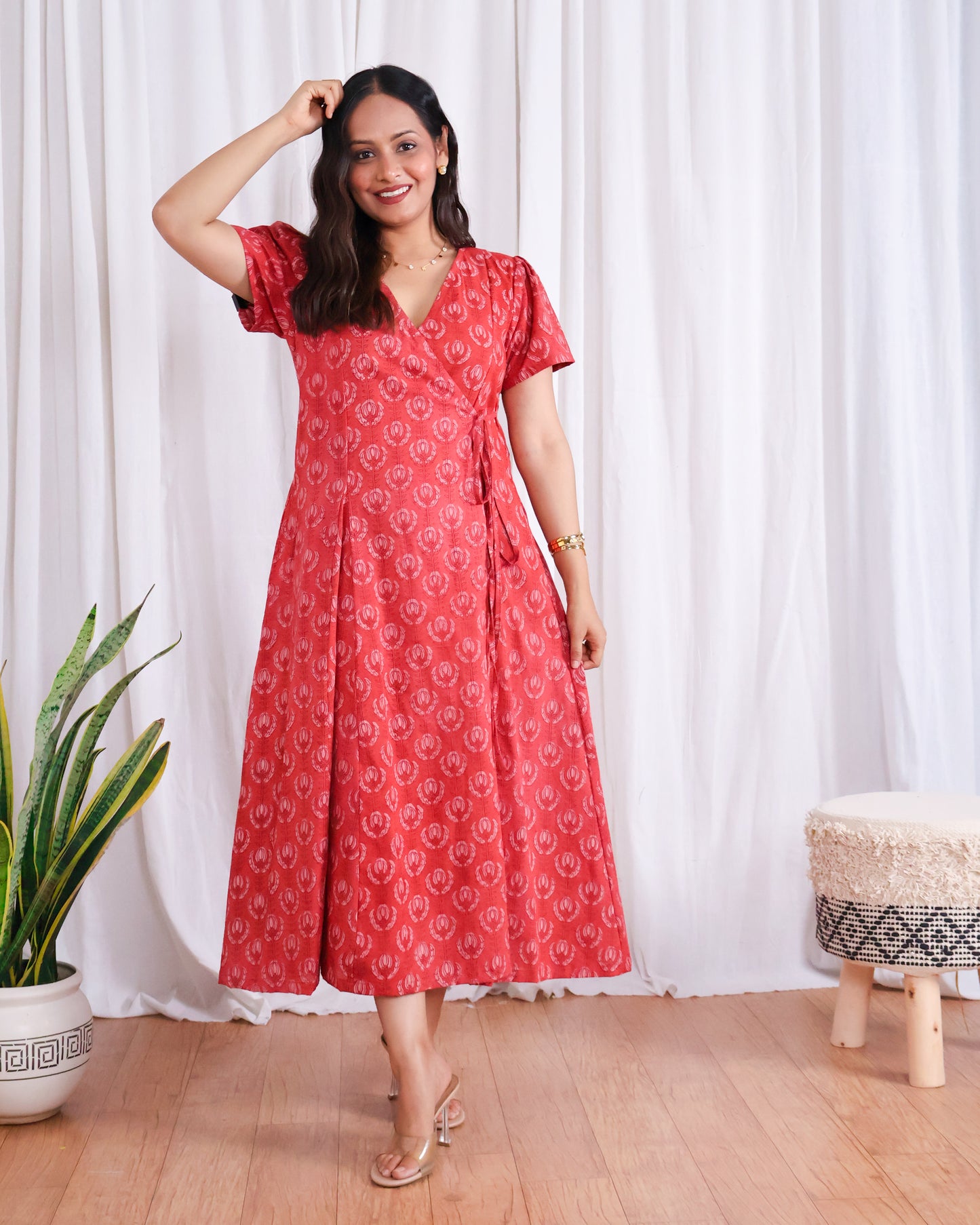 Eleanor Red Handblock Print Wrap Dress