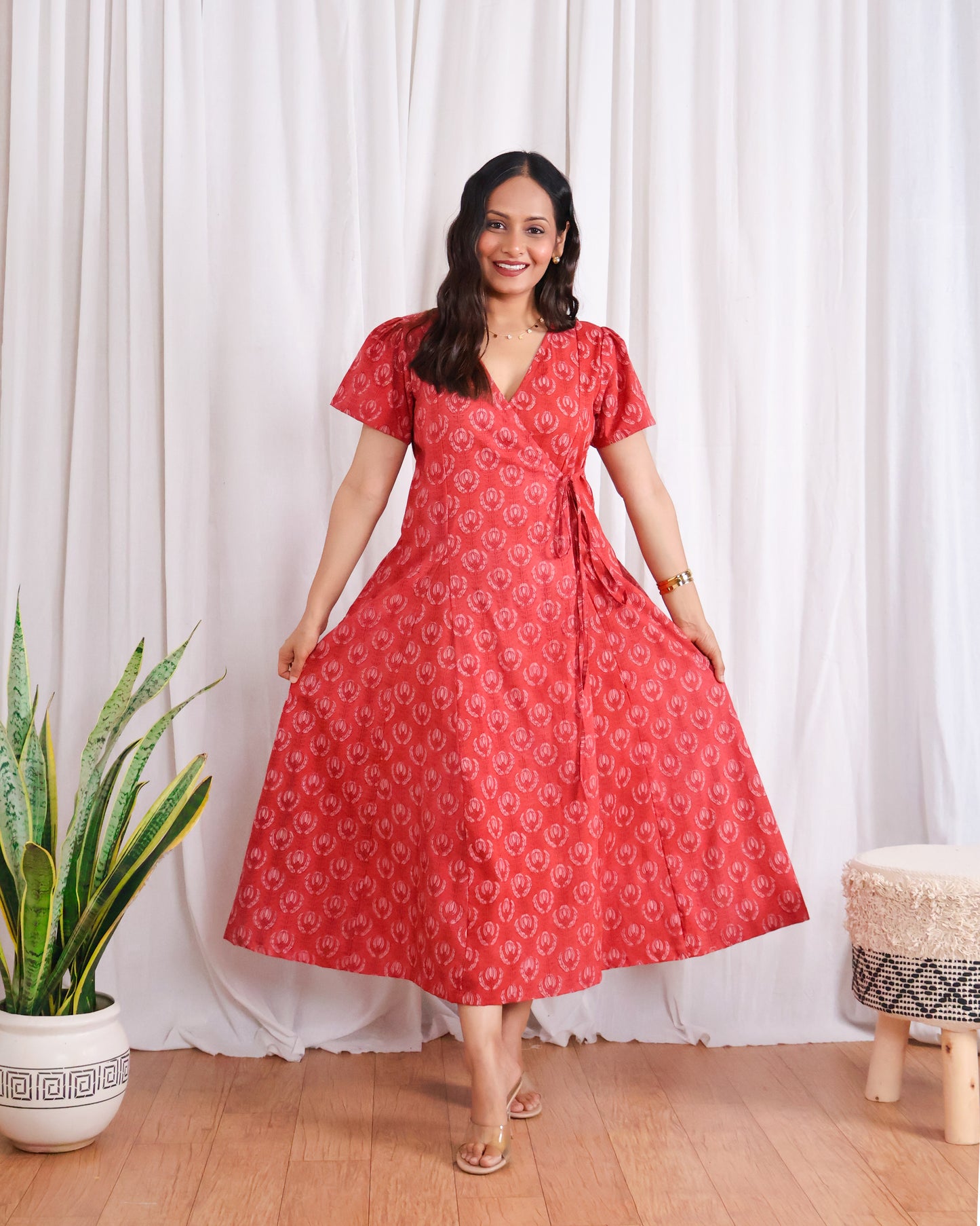 Eleanor Red Handblock Print Wrap Dress