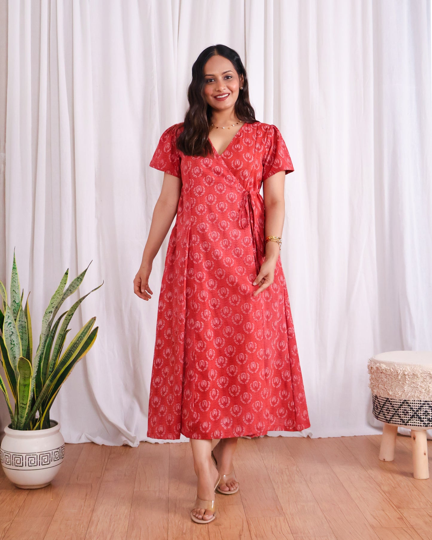 Eleanor Red Handblock Print Wrap Dress