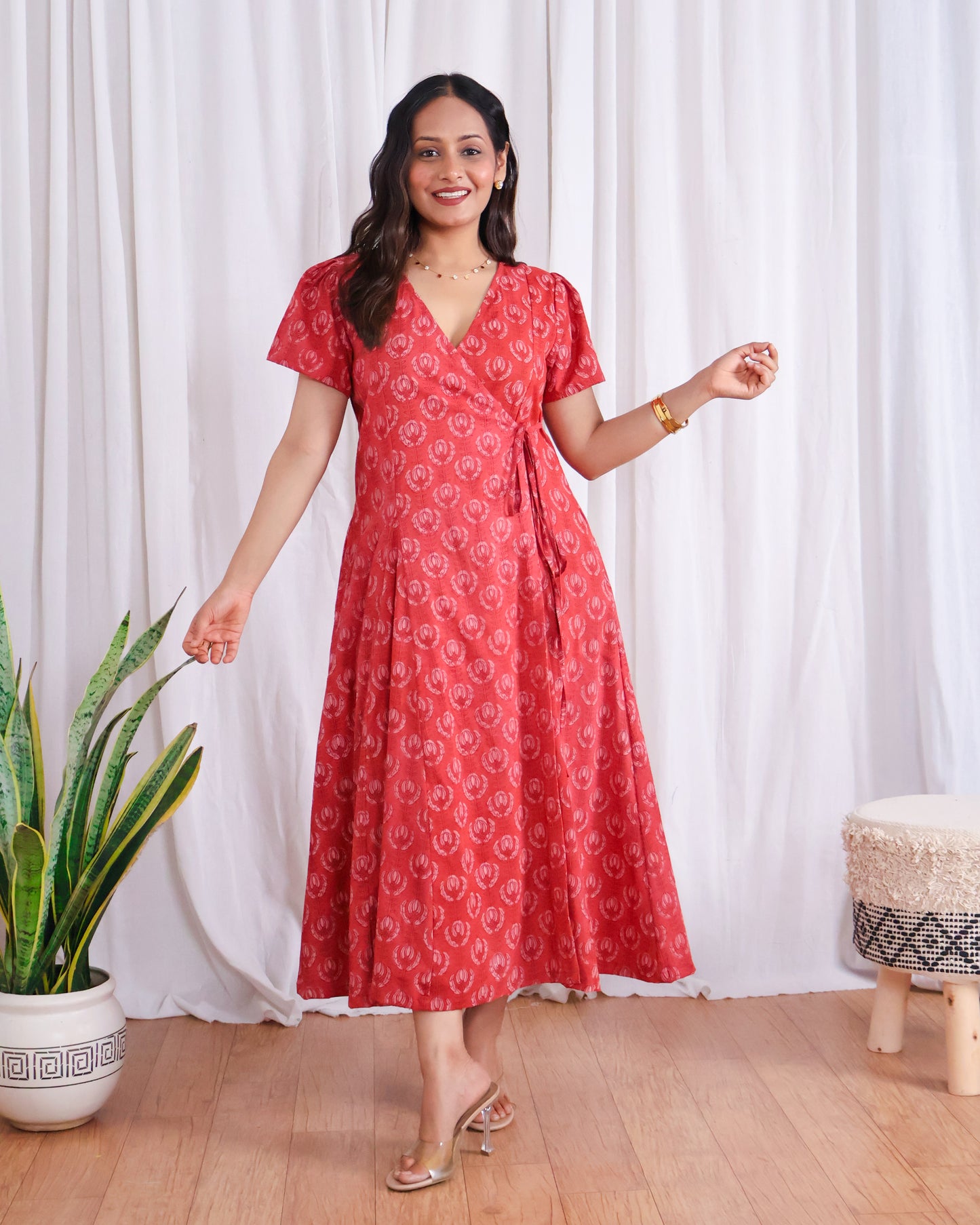 Eleanor Red Handblock Print Wrap Dress