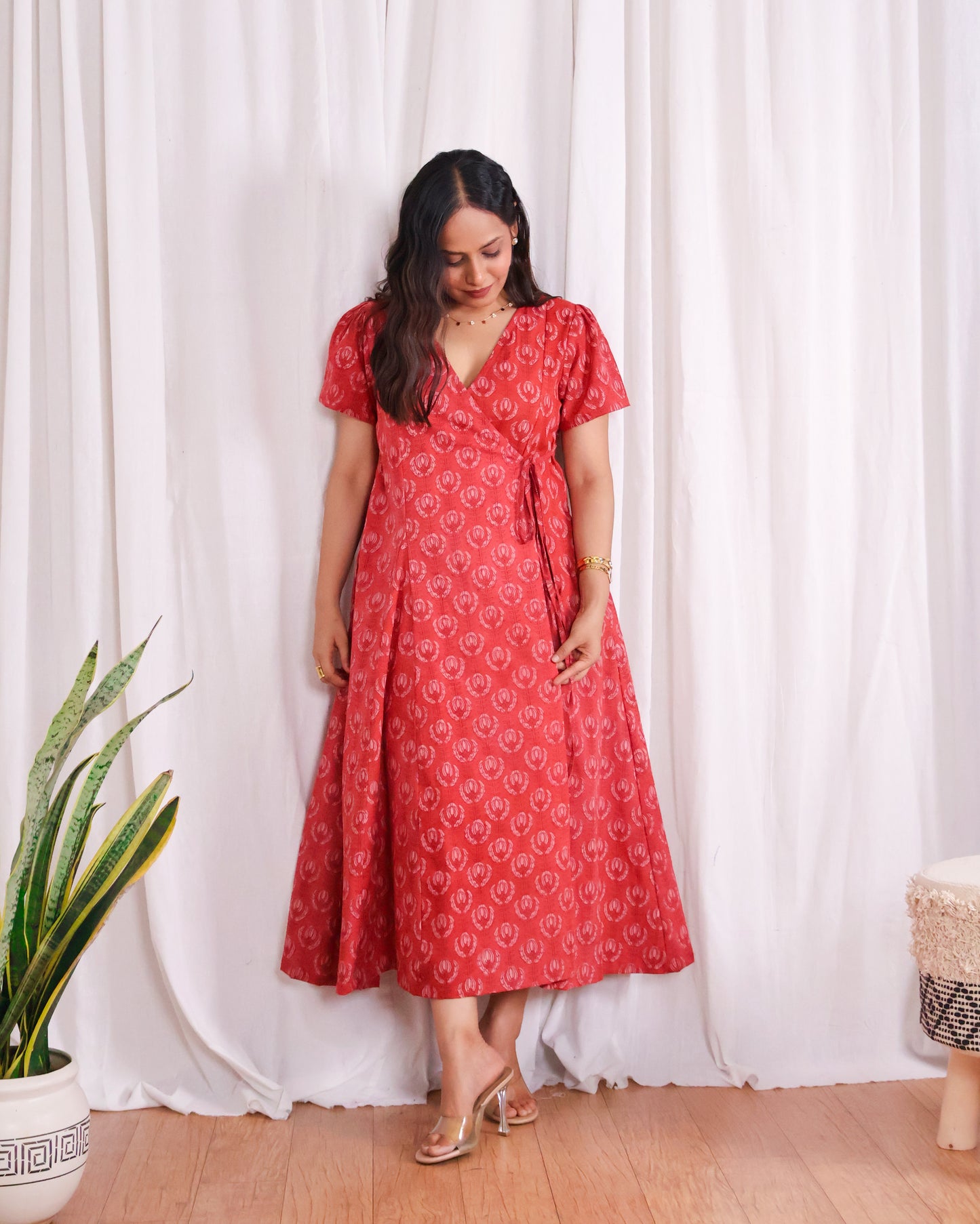 Eleanor Red Handblock Print Wrap Dress