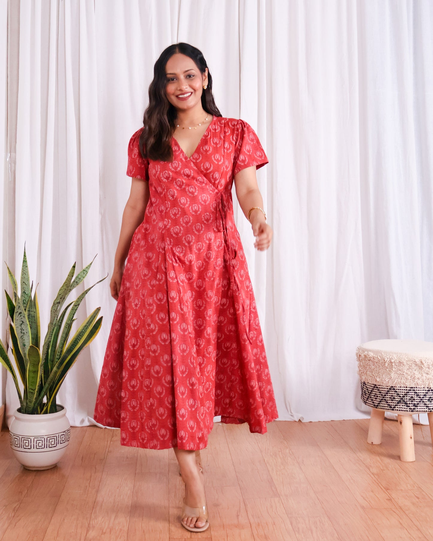 Eleanor Red Handblock Print Wrap Dress