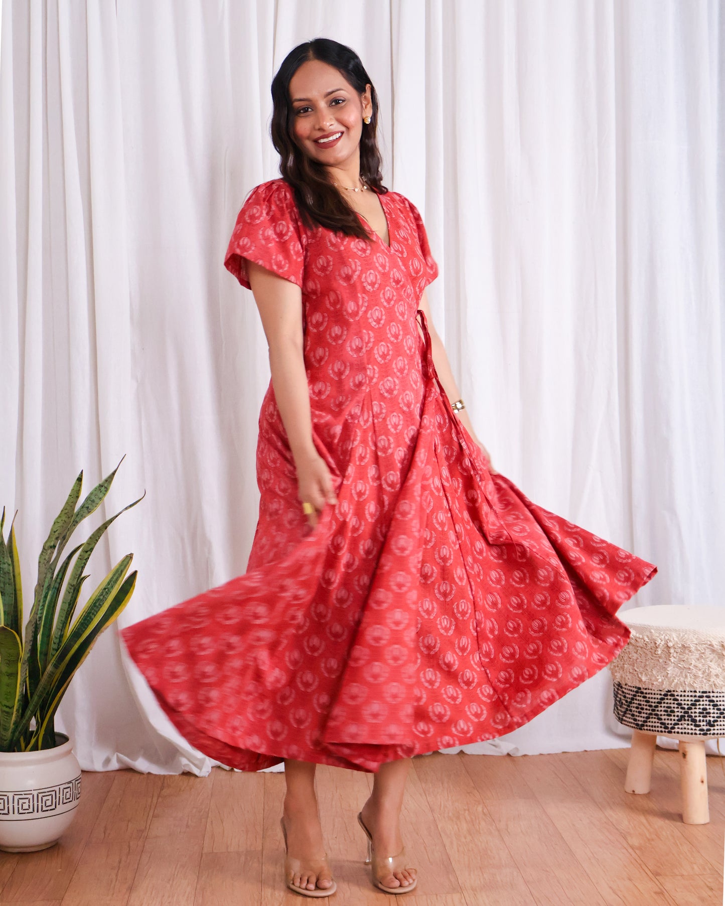 Eleanor Red Handblock Print Wrap Dress