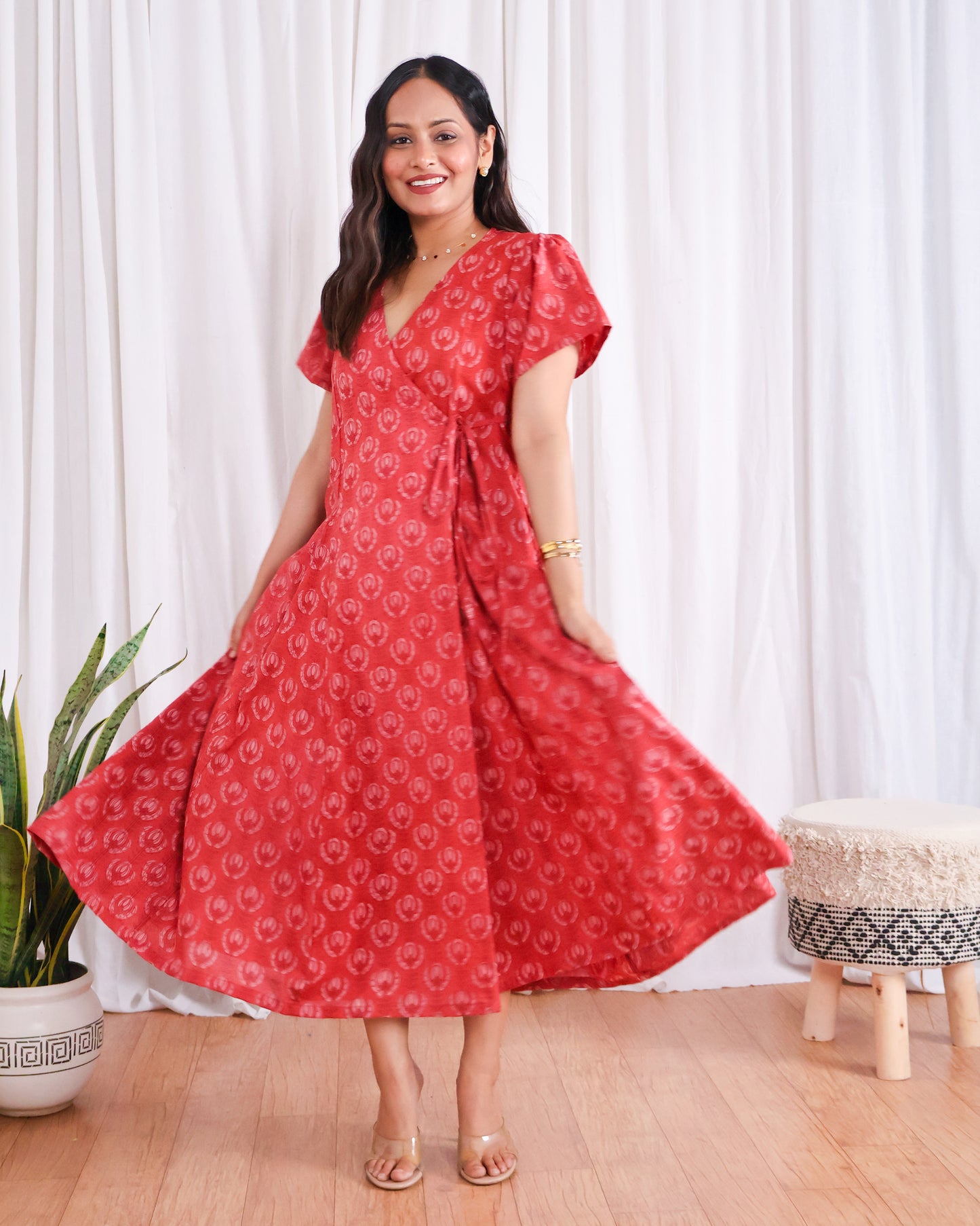 Eleanor Red Handblock Print Wrap Dress