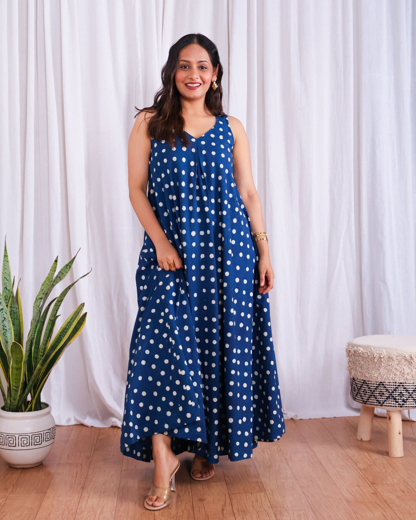 Stella Indigo Polka HandBlock Dabu Print Cotton Maxi Dress