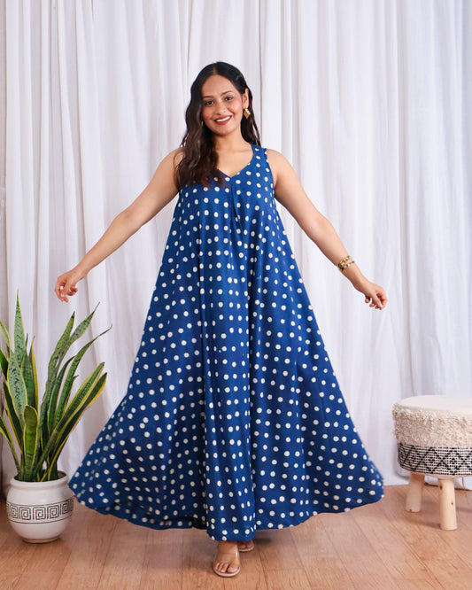 Stella Indigo Polka HandBlock Dabu Print Cotton Maxi Dress
