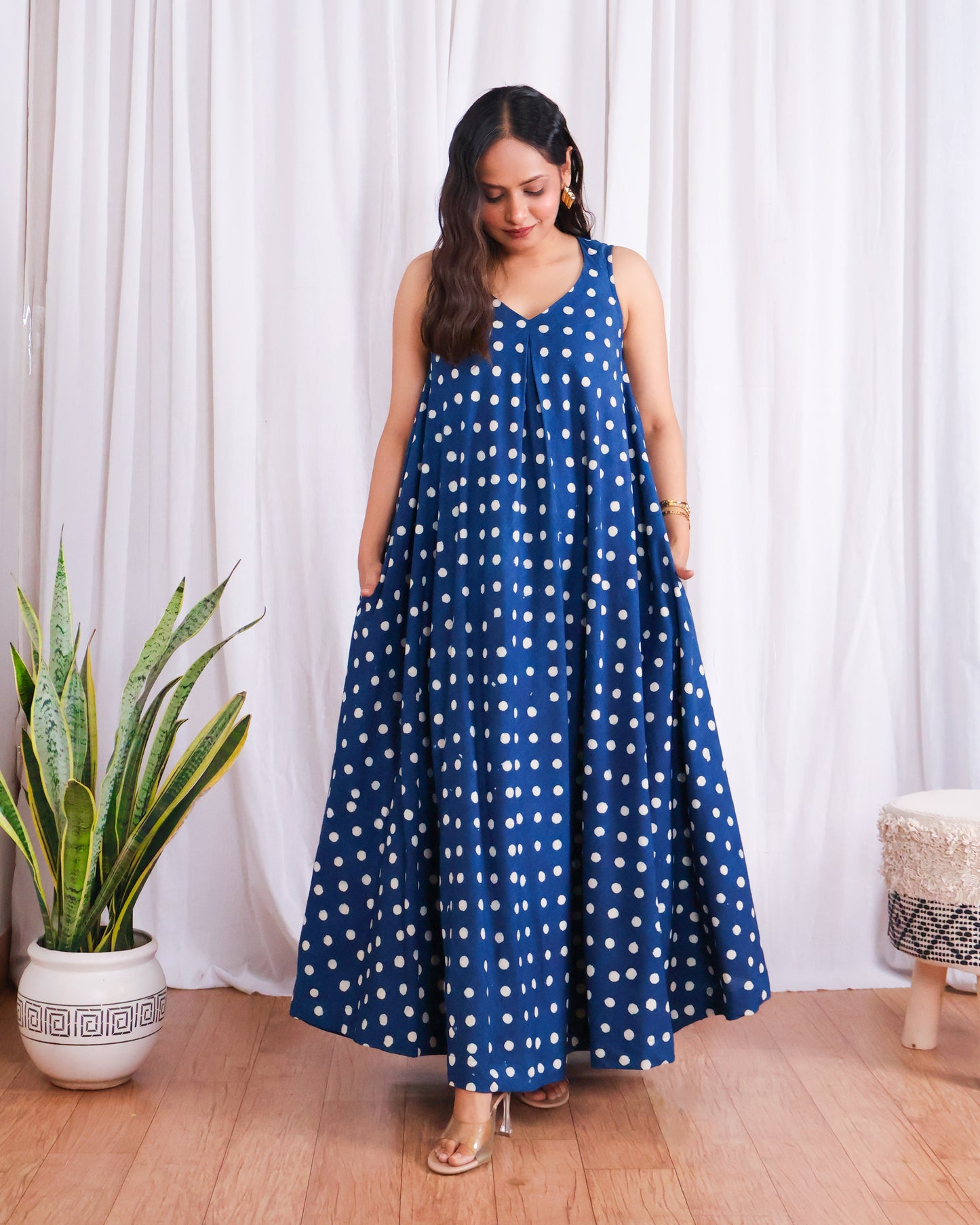 Stella Indigo Polka HandBlock Dabu Print Cotton Maxi Dress