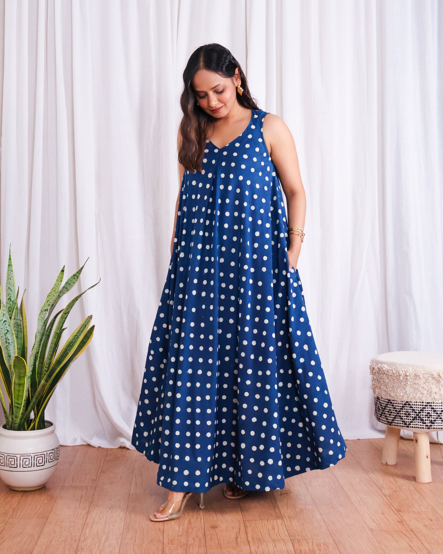 Stella Indigo Polka HandBlock Dabu Print Cotton Maxi Dress