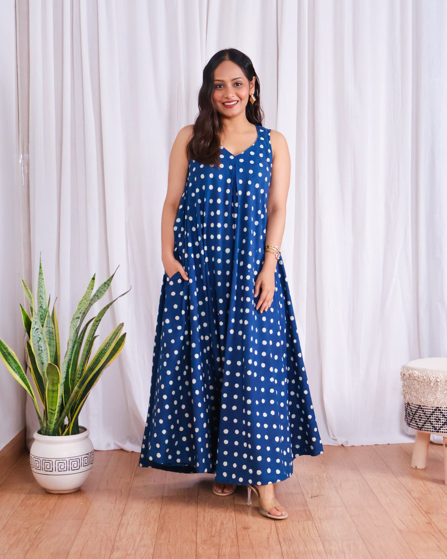 Stella Indigo Polka HandBlock Dabu Print Cotton Maxi Dress